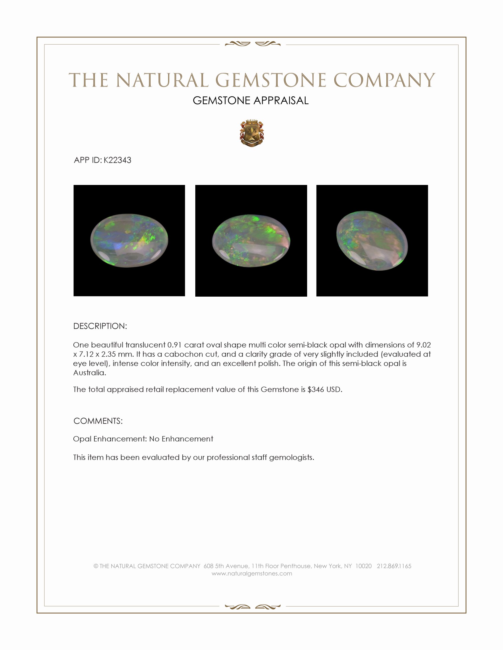 0.91 Ct. Cabochon Semi-Black Opal from Australia