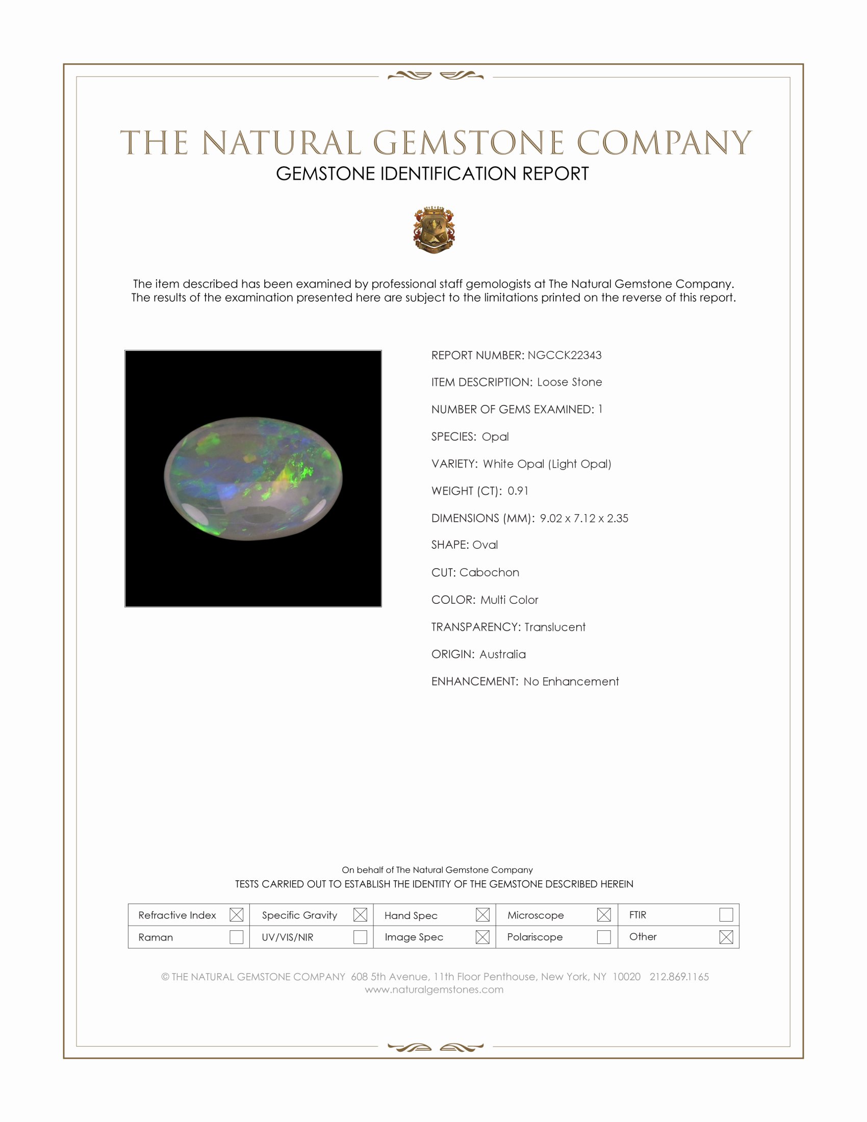 0.91 Ct. Multi Color Cabochon White Opal (Light Opal) from Australia