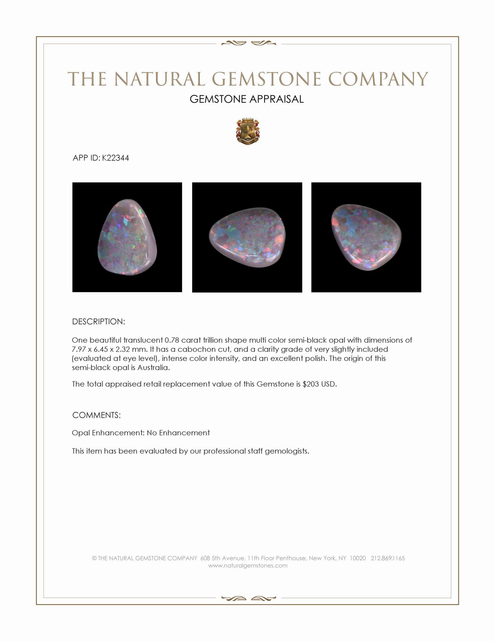 0.78 Ct. Cabochon Semi-Black Opal from Australia