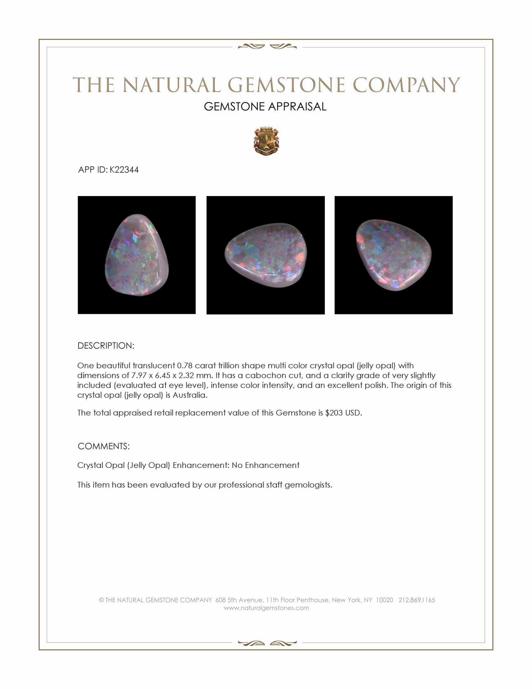 0.78 Ct. Multi Color Cabochon Crystal Opal (Jelly Opal) from Australia