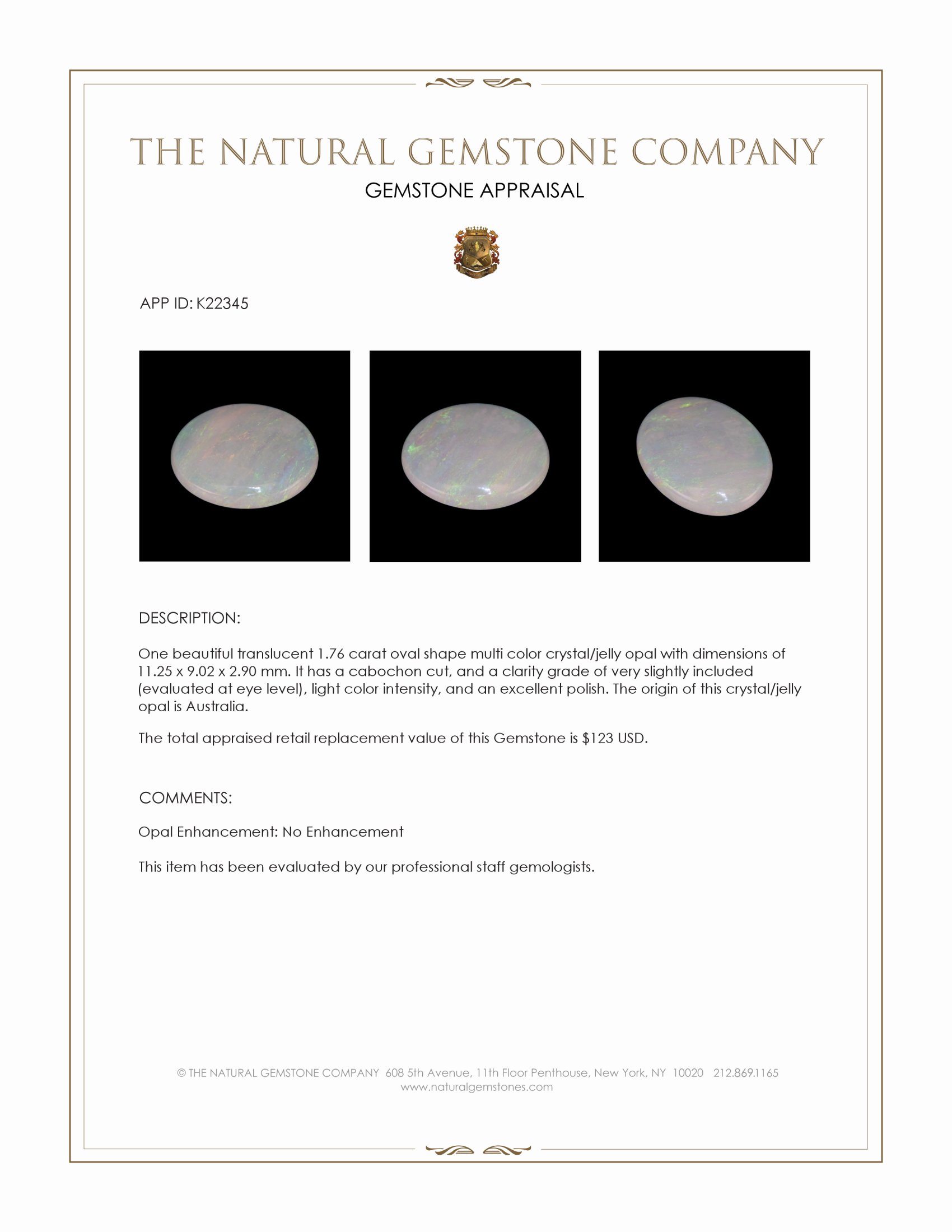 1.76 Ct. Cabochon Crystal/Jelly Opal from Australia