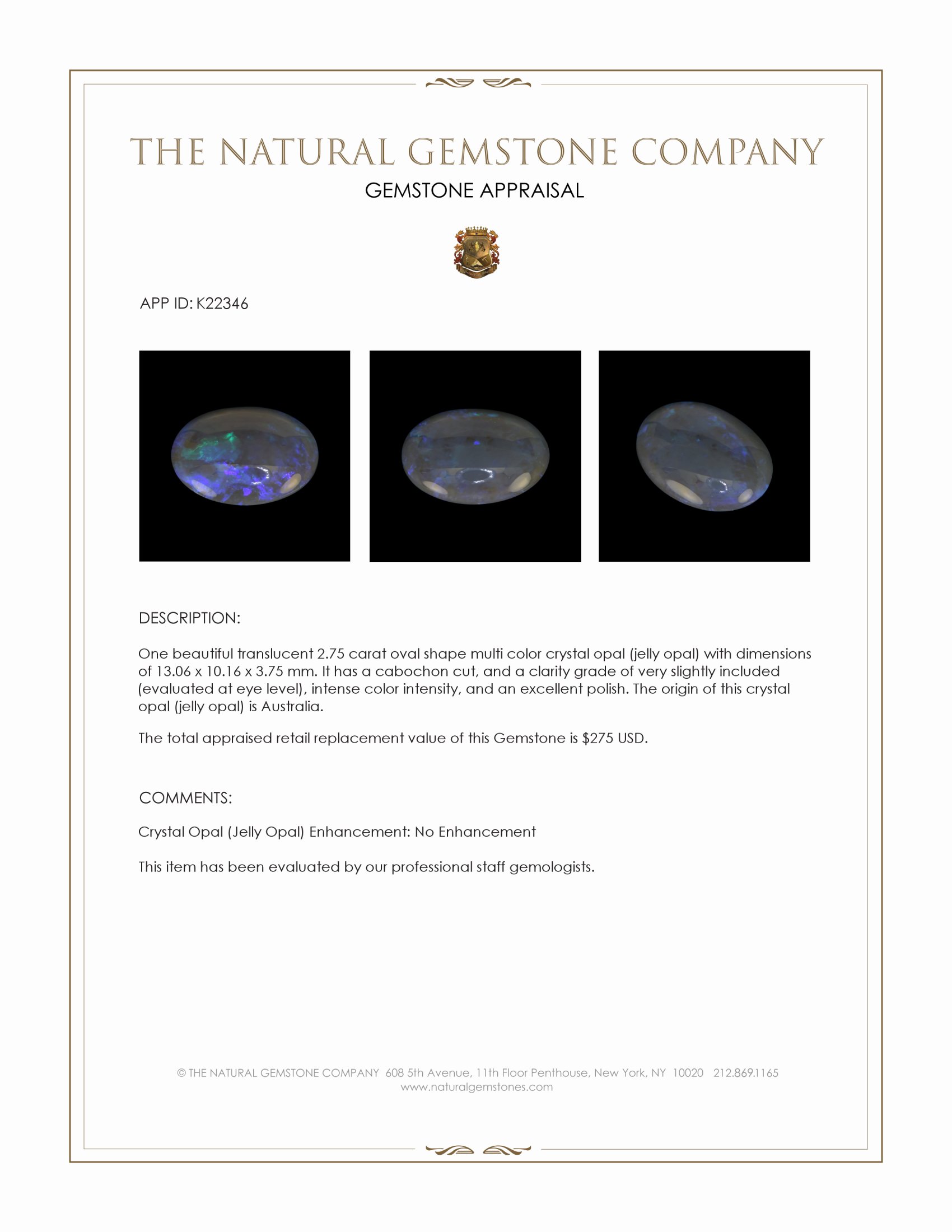 2.75 Ct. Multi Color Cabochon Crystal Opal (Jelly Opal) from Australia