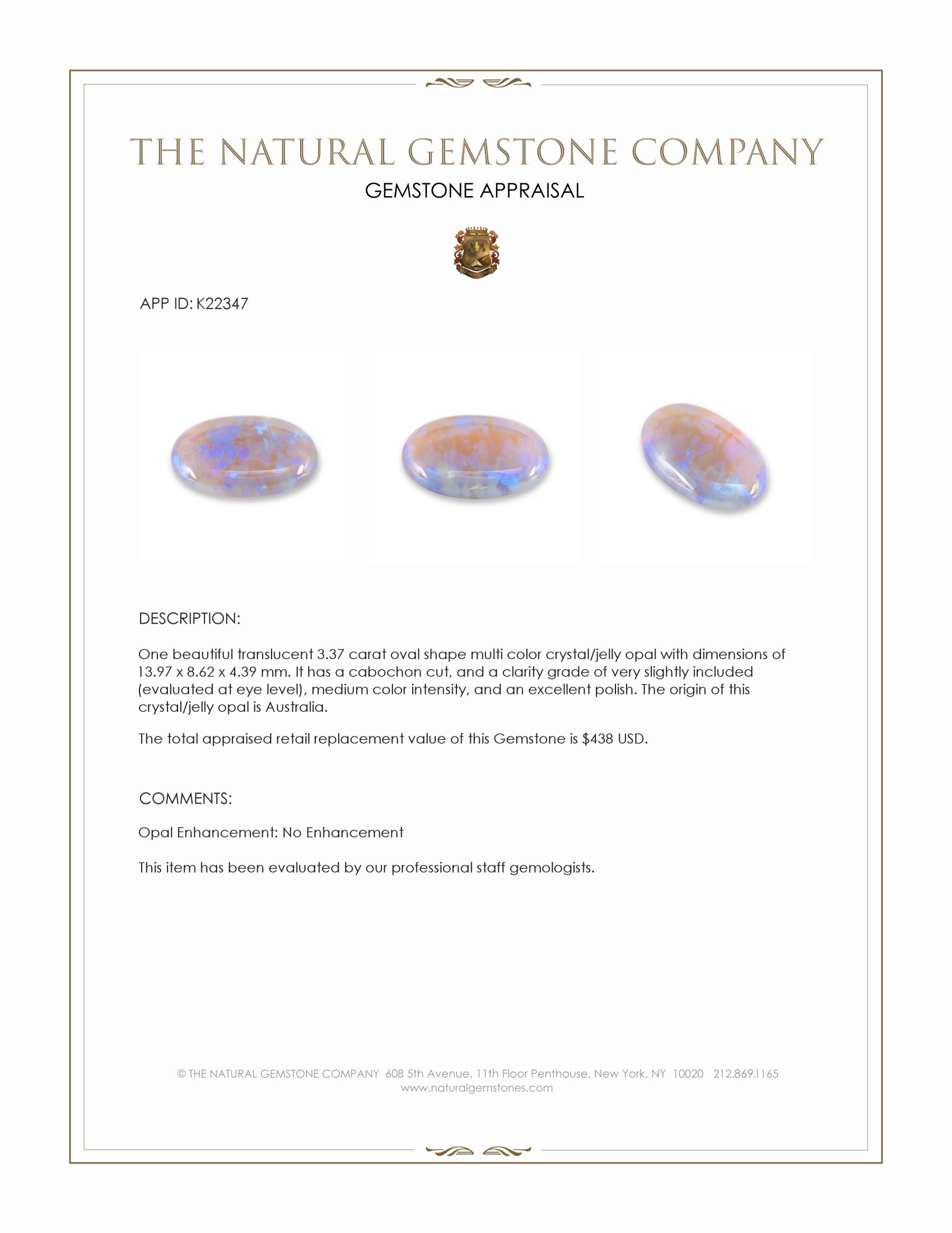 3.37 Ct. Cabochon Crystal/Jelly Opal from Australia