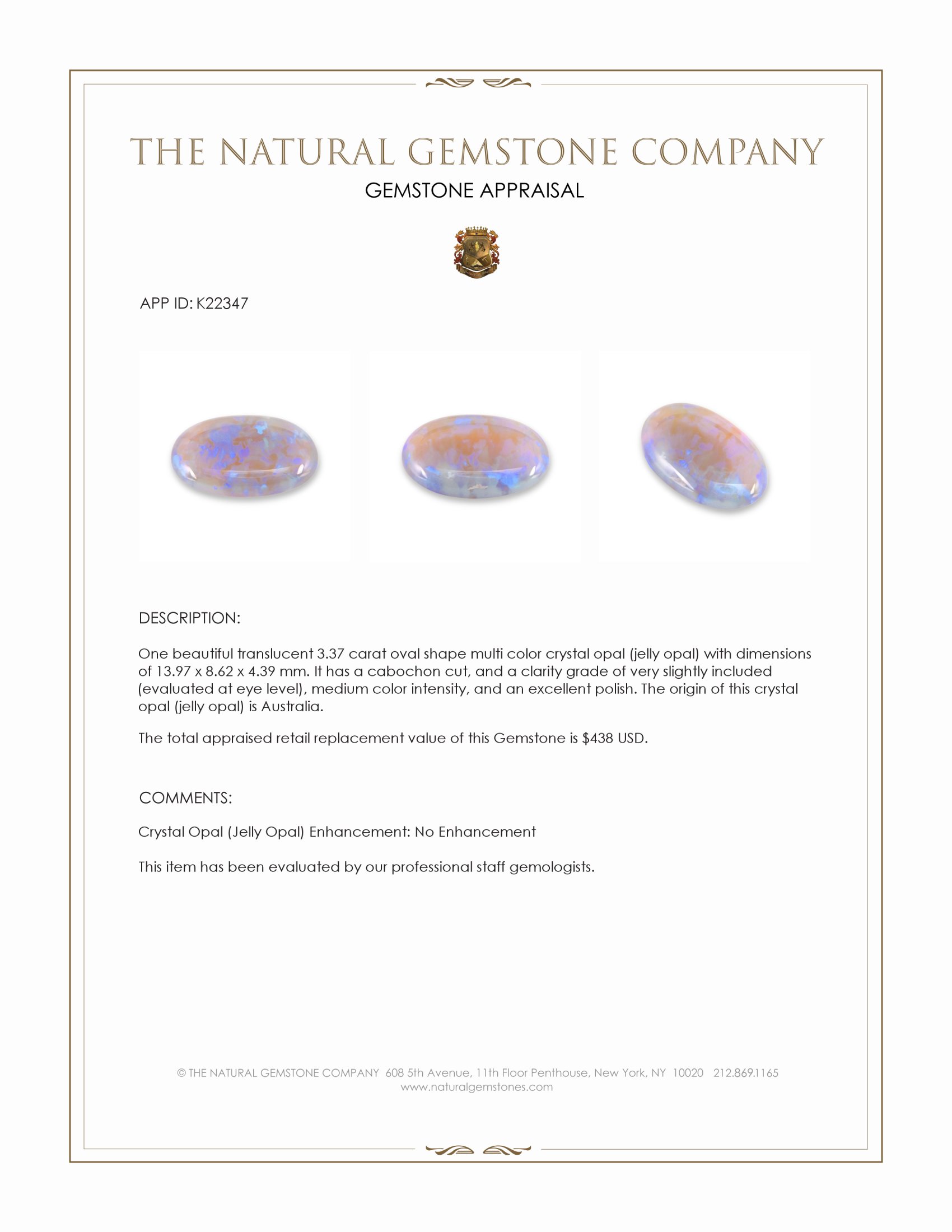 3.37 Ct. Multi Color Cabochon Crystal Opal (Jelly Opal) from Australia