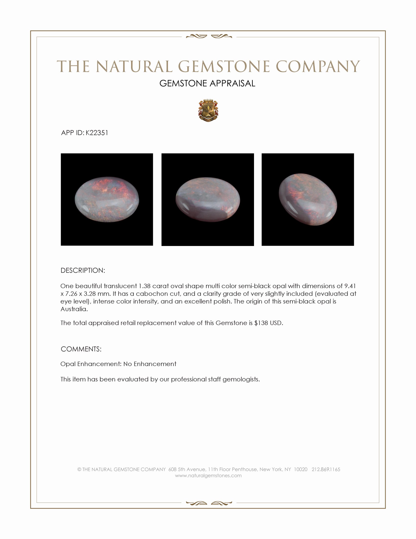 1.38 Ct. Cabochon Semi-Black Opal from Australia