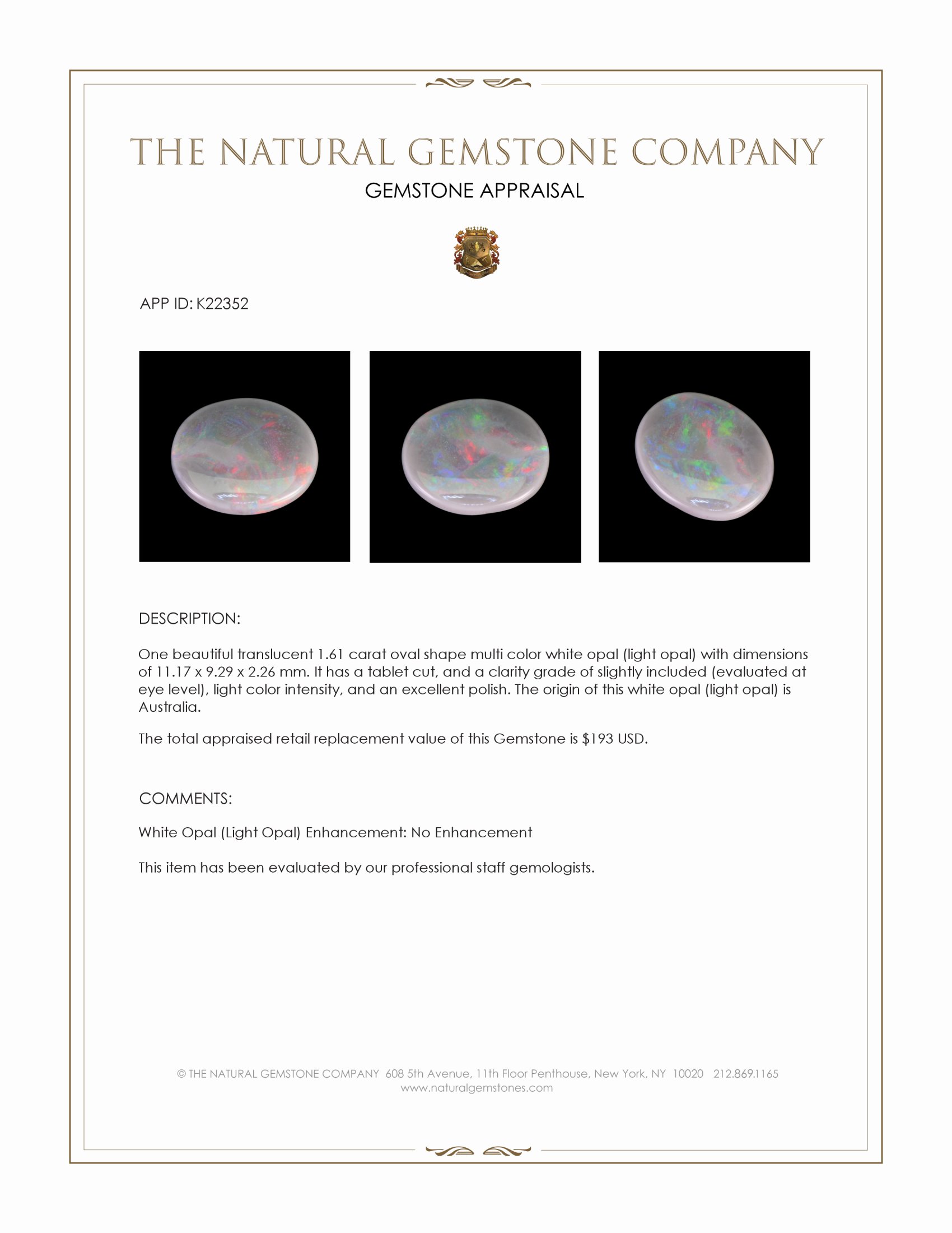 1.61 Ct. Multi Color White Opal (Light Opal) from Australia