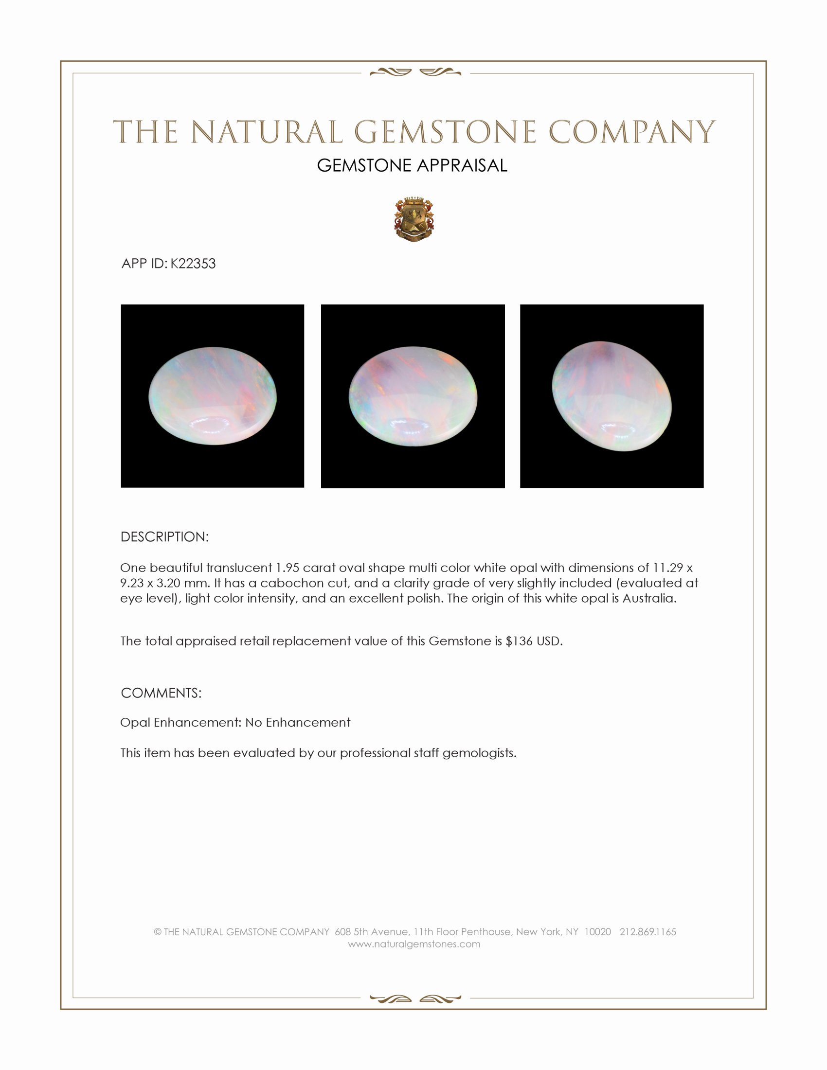 1.95 Ct. Cabochon White Opal from Australia