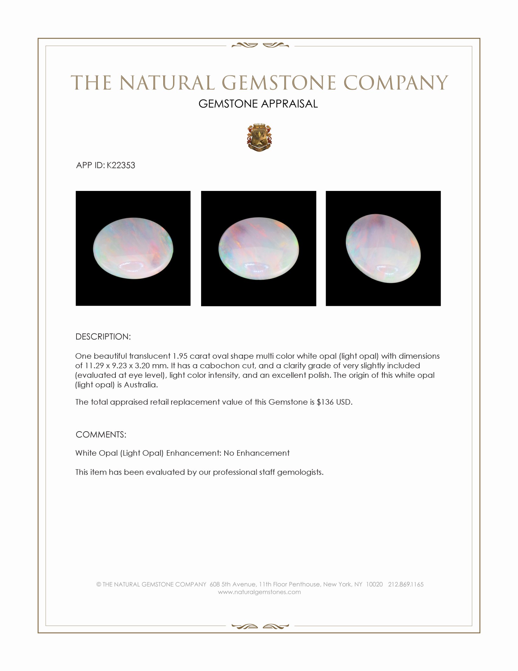 1.95 Ct. Multi Color Cabochon White Opal (Light Opal) from Australia