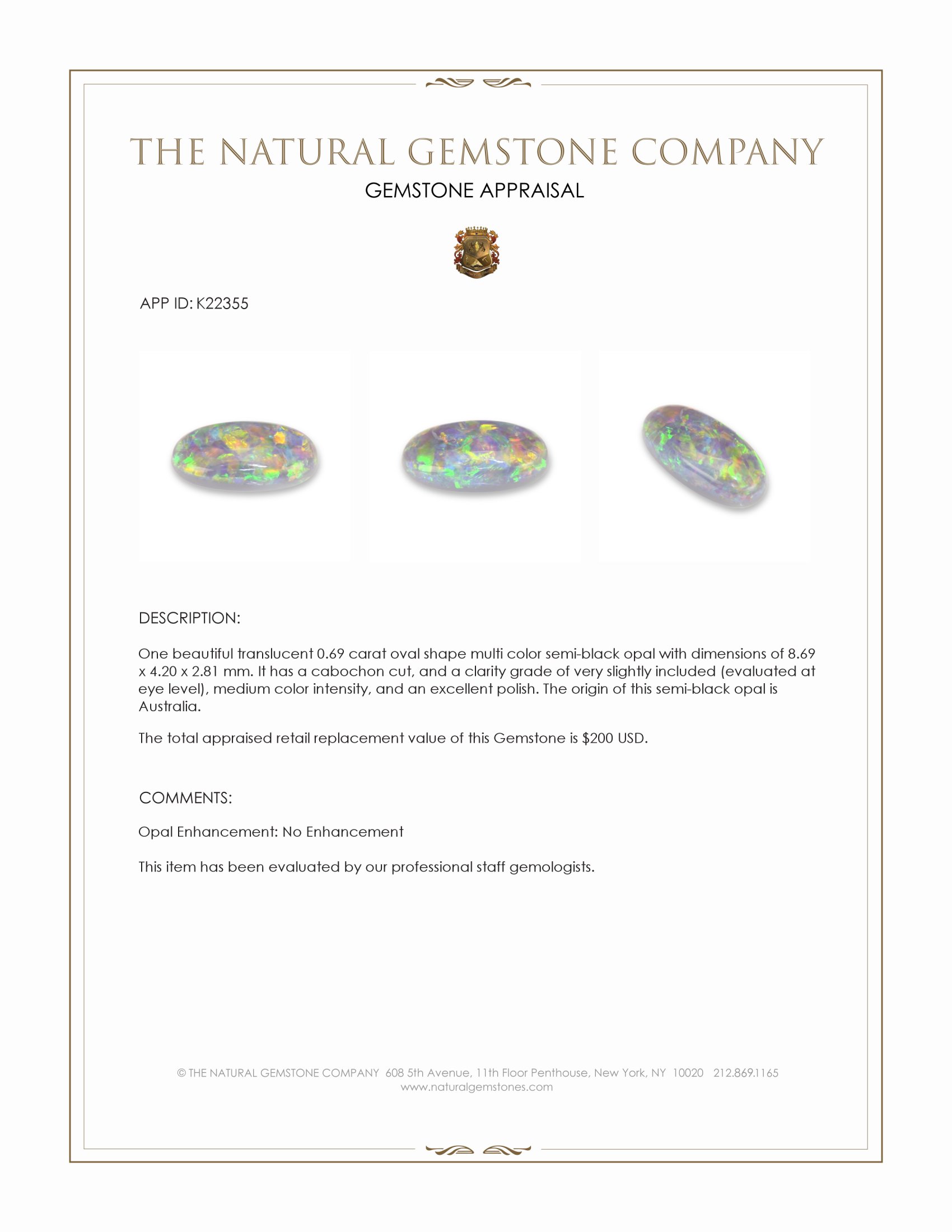 0.69 Ct. Cabochon Semi-Black Opal from Australia