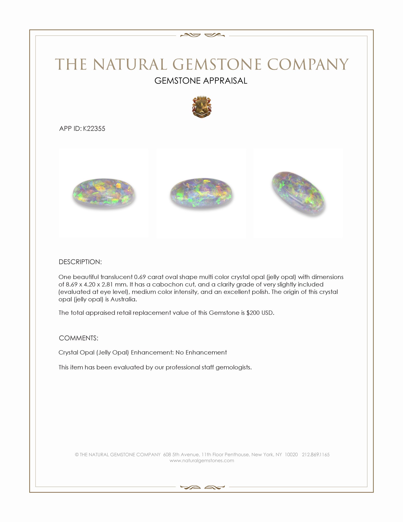 0.69 Ct. Multi Color Cabochon Crystal Opal (Jelly Opal) from Australia