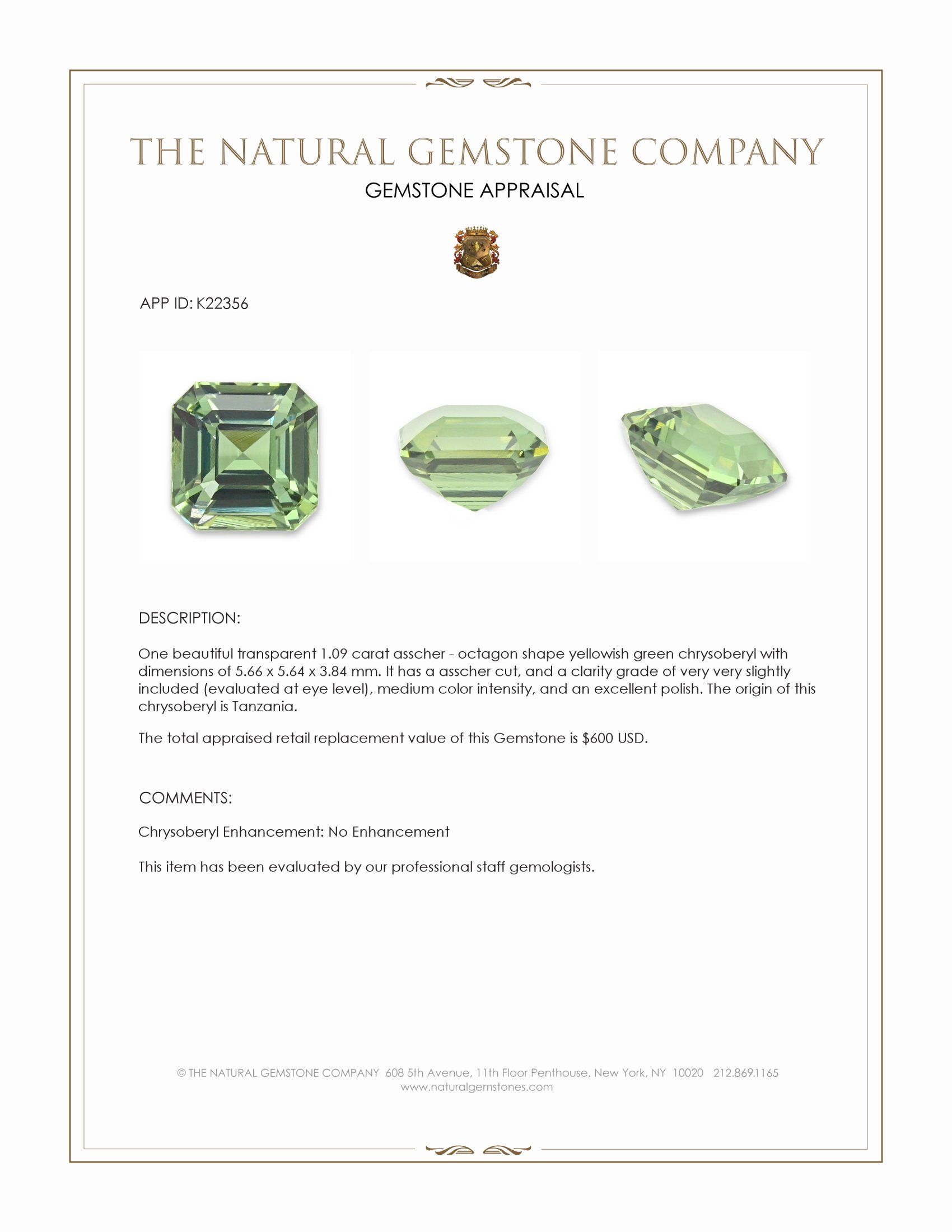 1.09 Ct. Yellowish Green Chrysoberyl from Tanzania