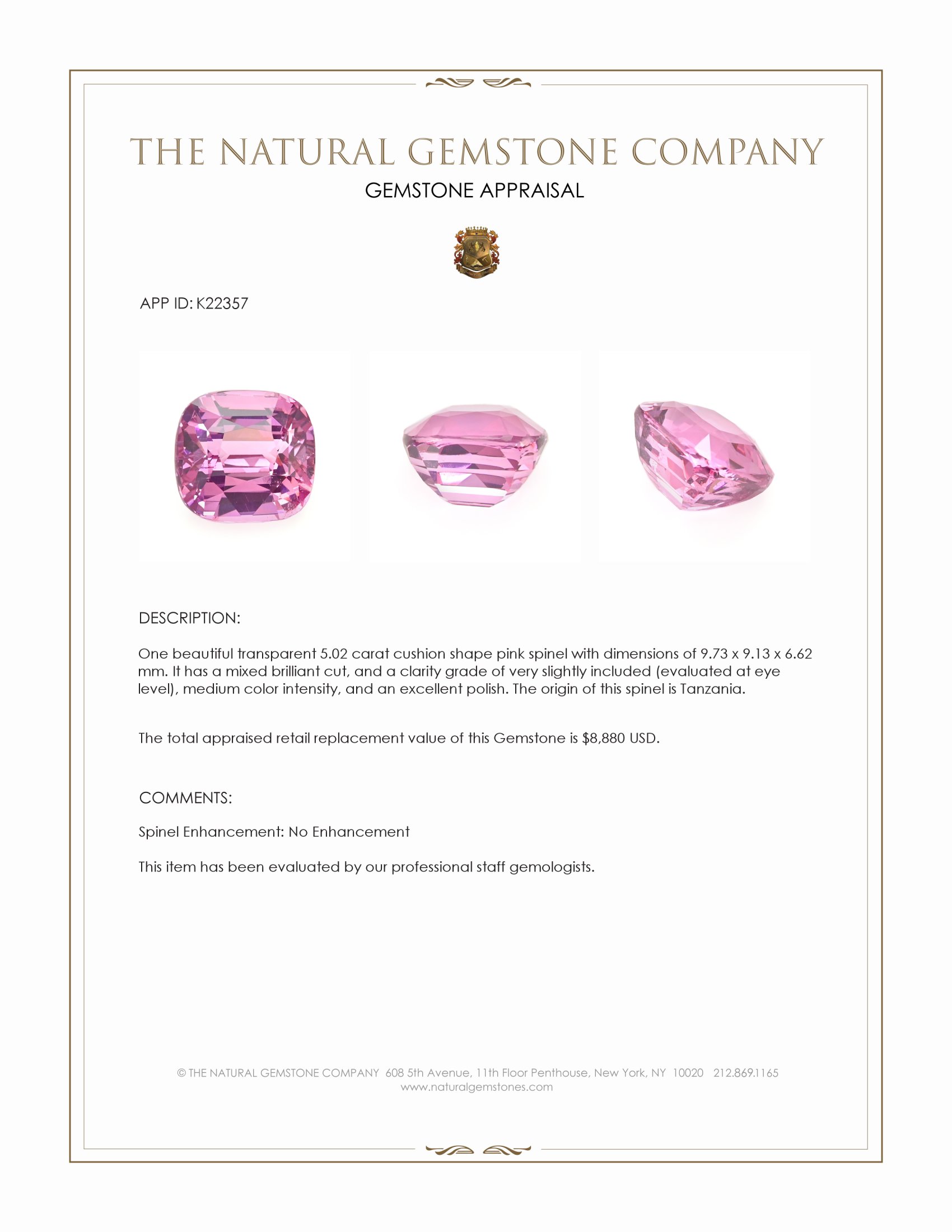 5.02 Ct. Pink Spinel from Tanzania