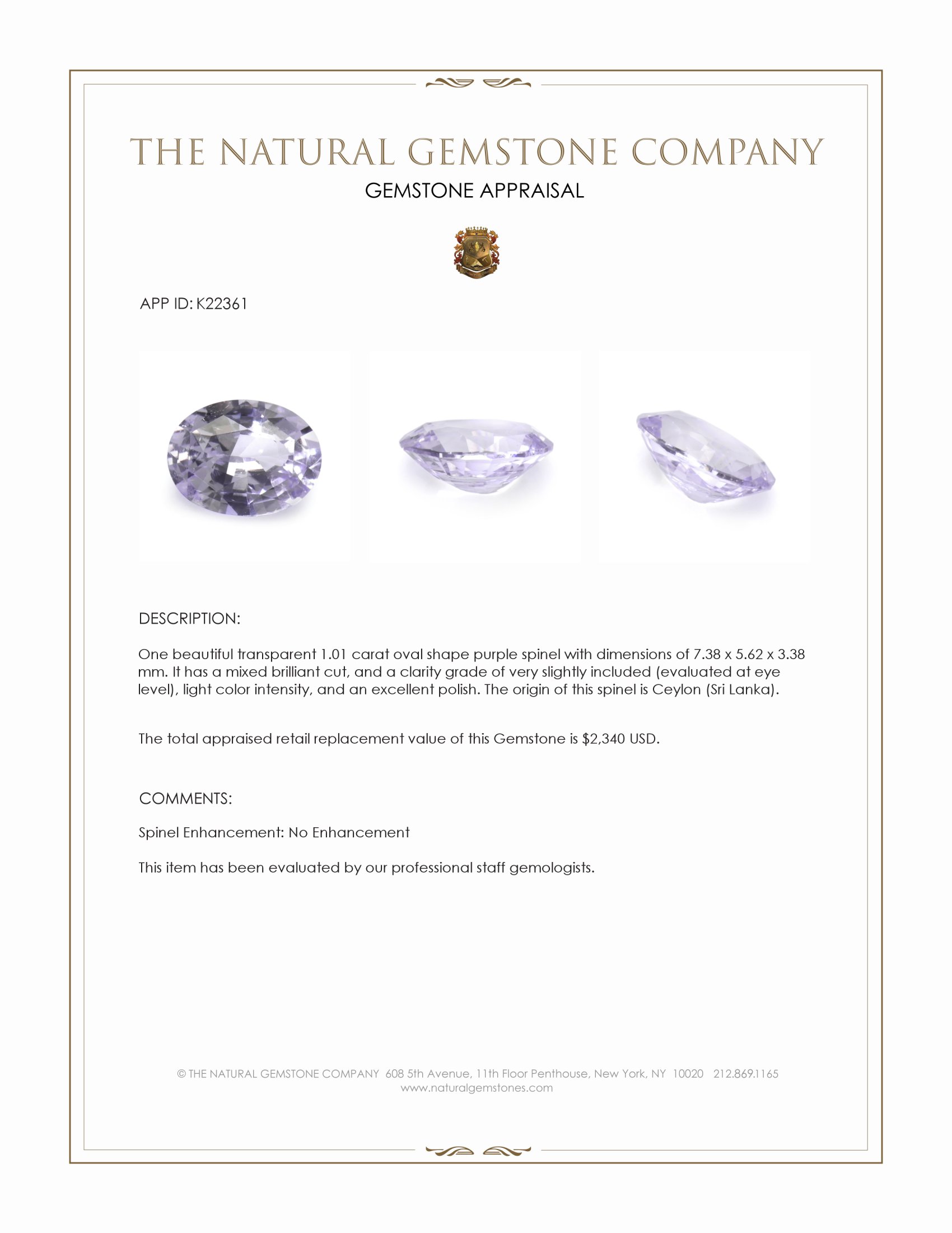 1.01 Ct. Purple Spinel from Ceylon (Sri Lanka)