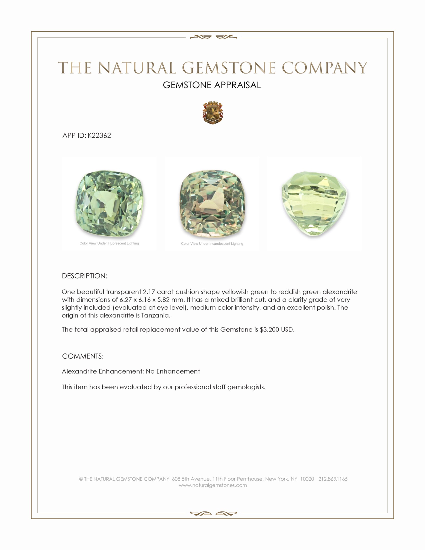2.17 Ct. Alexandrite from Tanzania