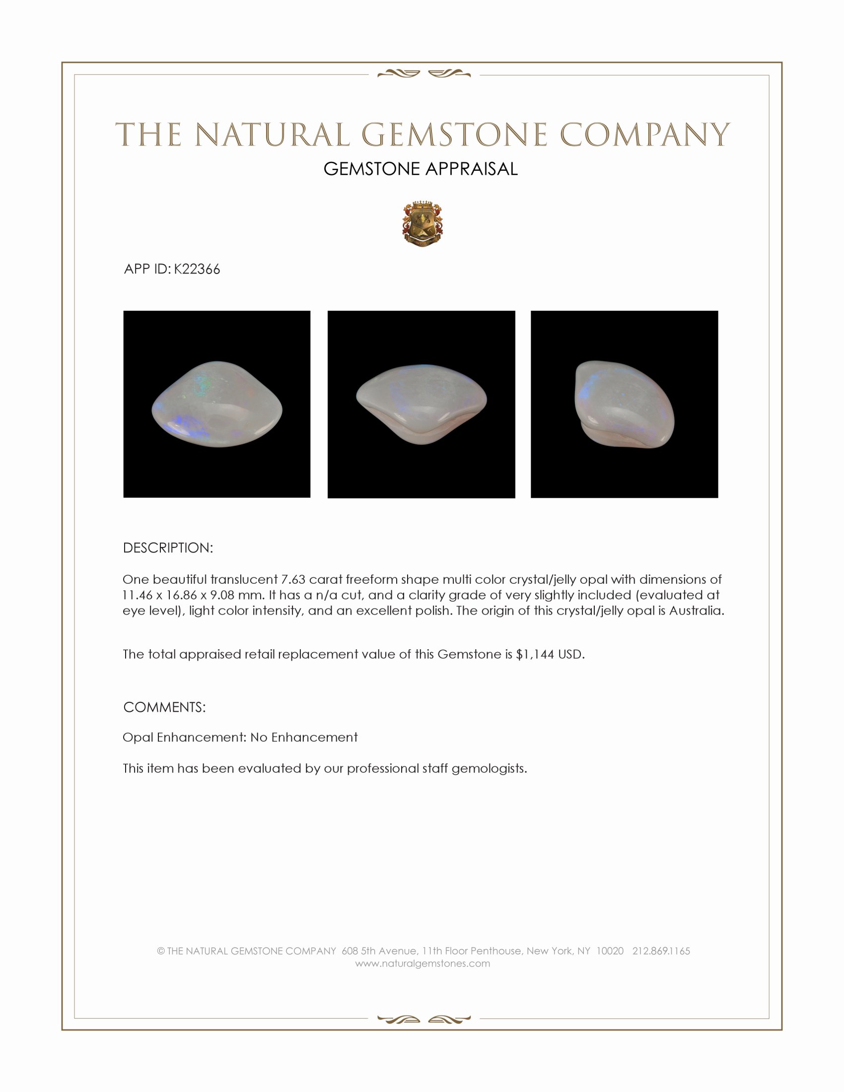 7.63 Ct. Cabochon Crystal/Jelly Opal from Australia