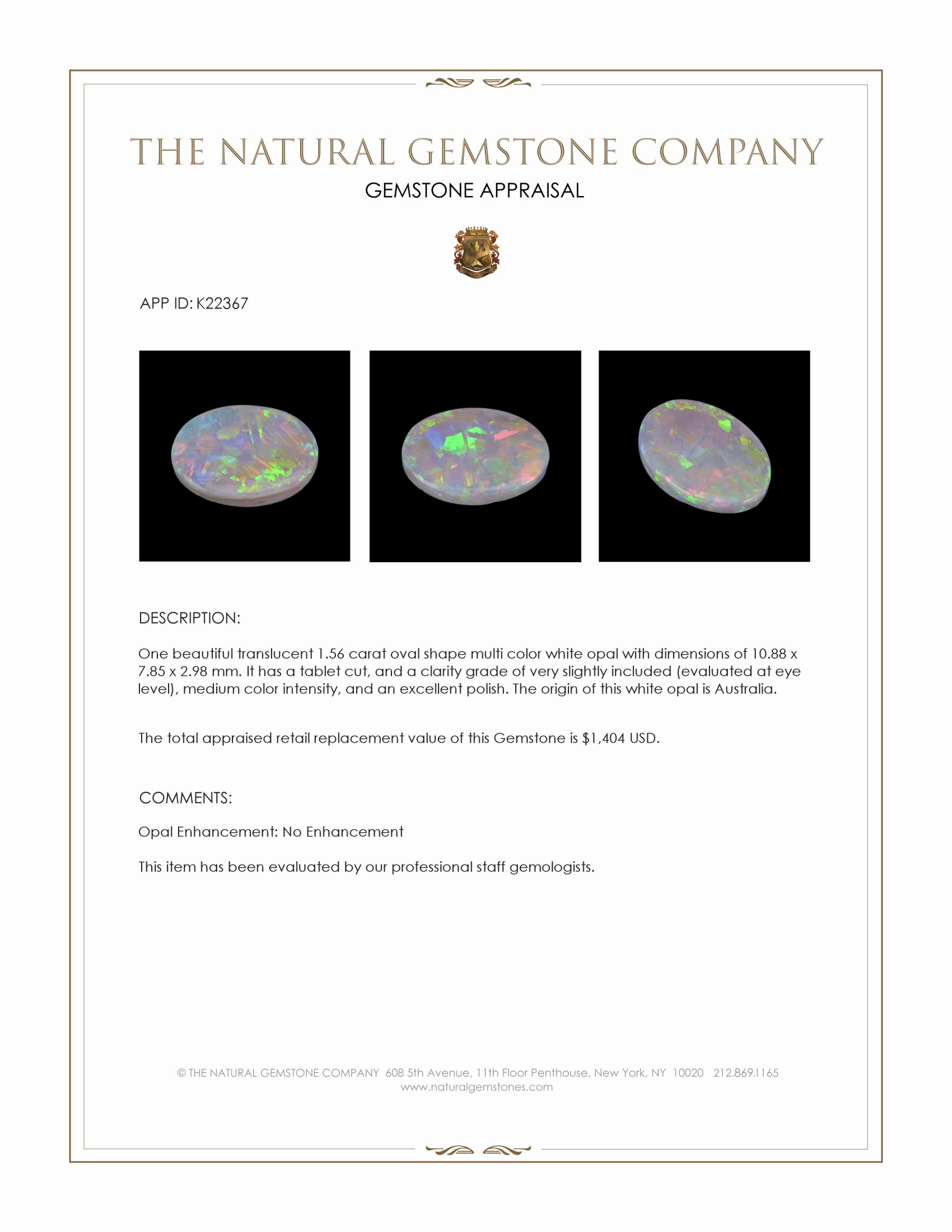 1.56 Ct. Multi Color White Opal from Australia