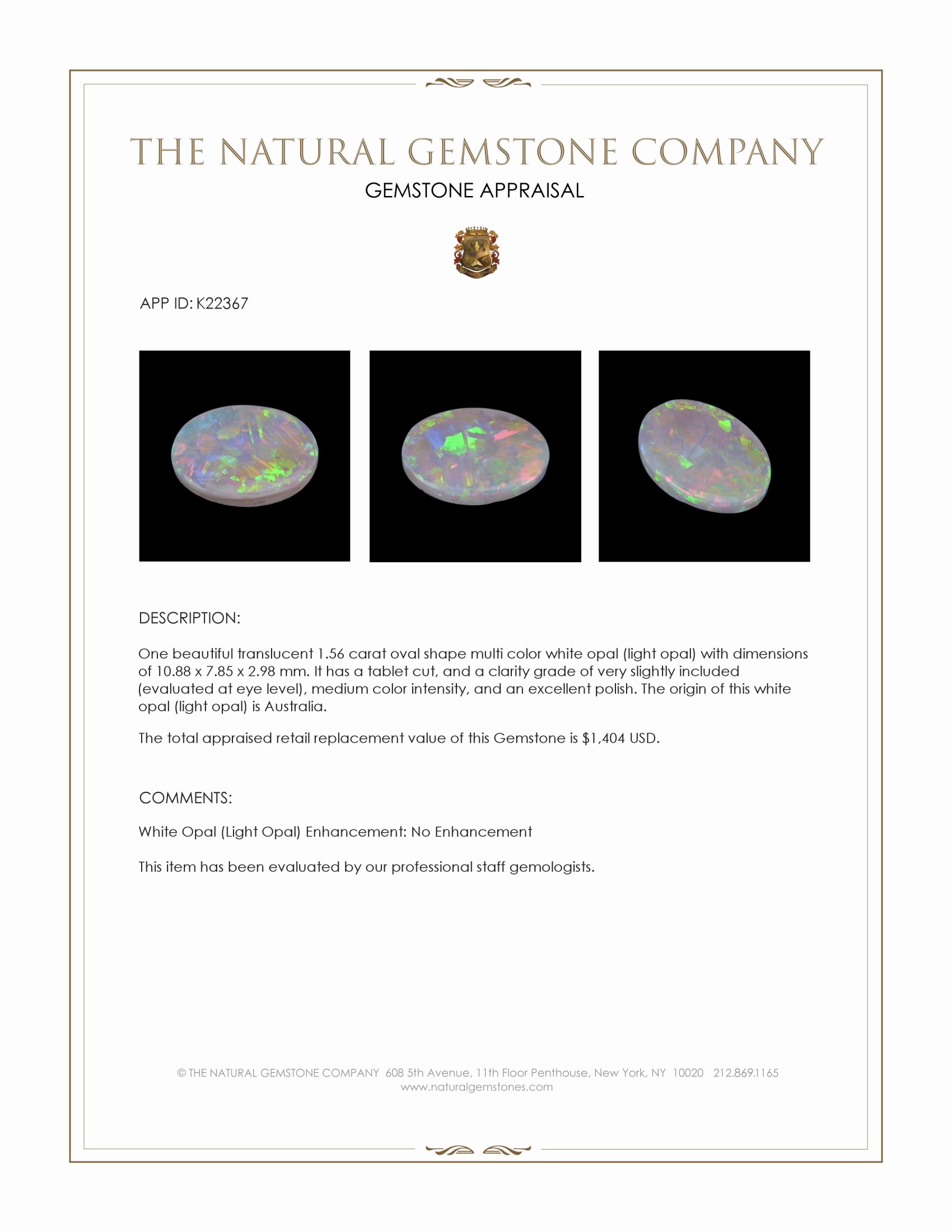1.56 Ct. Multi Color White Opal (Light Opal) from Australia