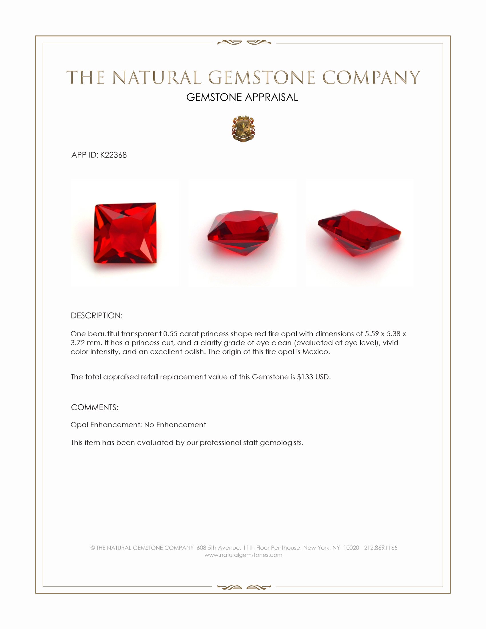 0.55 Ct. Red Fire Opal from Mexico