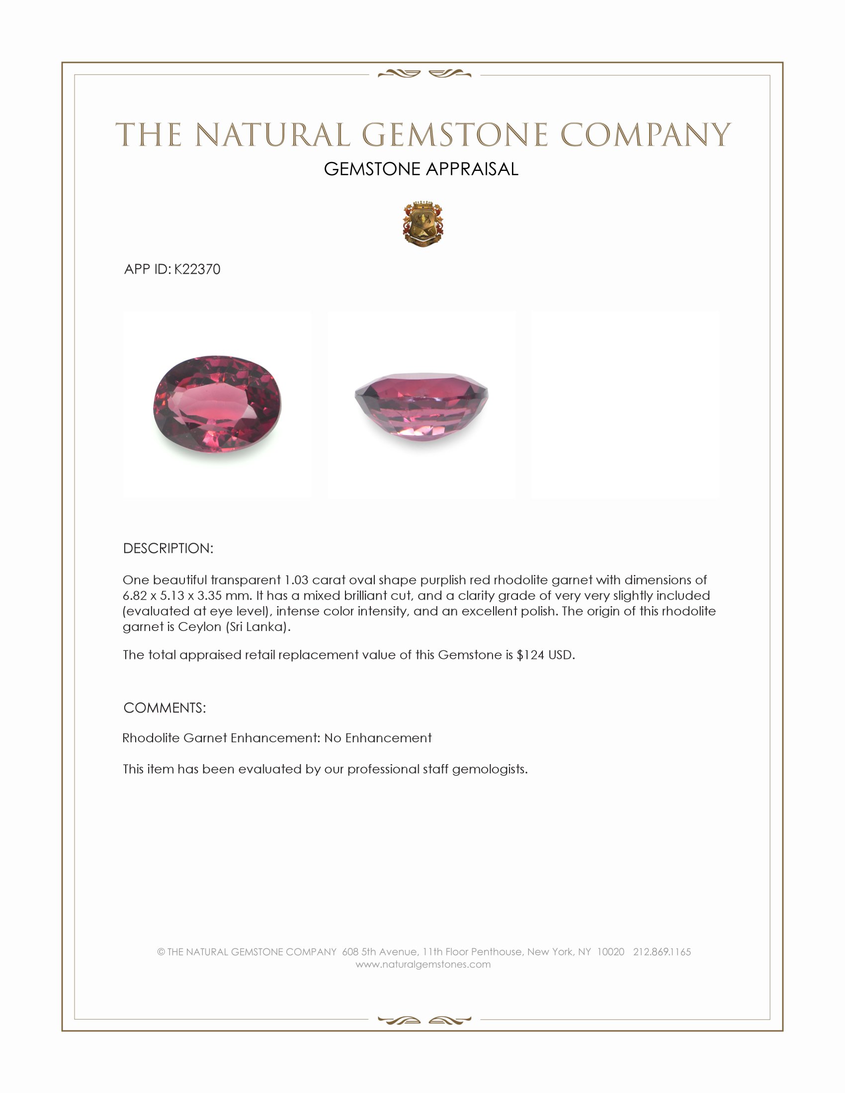 1.03 Ct. Rhodolite Garnet from Ceylon (Sri Lanka)