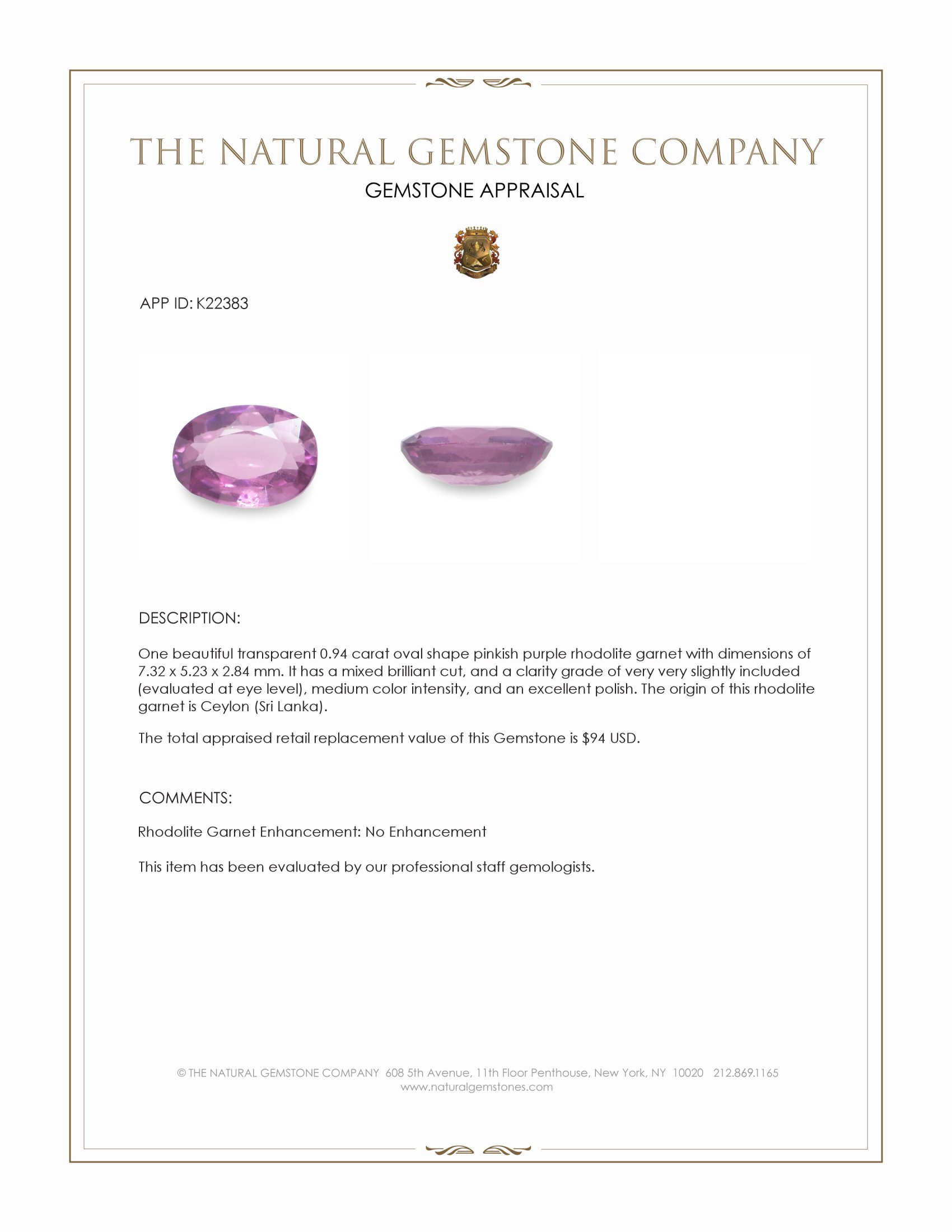 0.94 Ct. Pinkish Purple Rhodolite Garnet from Ceylon (Sri Lanka)