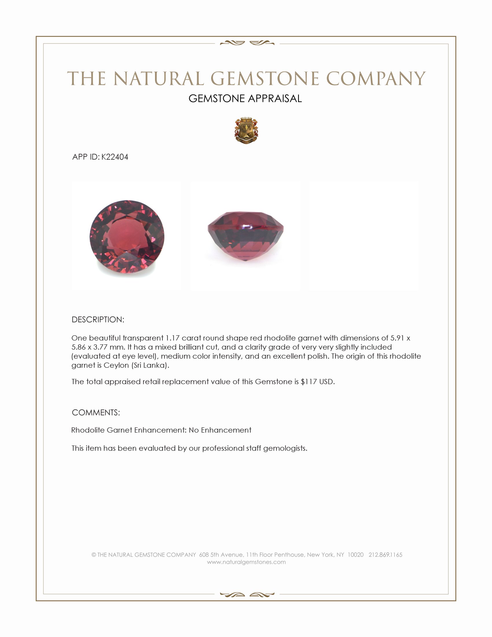 1.17 Ct. Red Rhodolite Garnet from Ceylon (Sri Lanka)