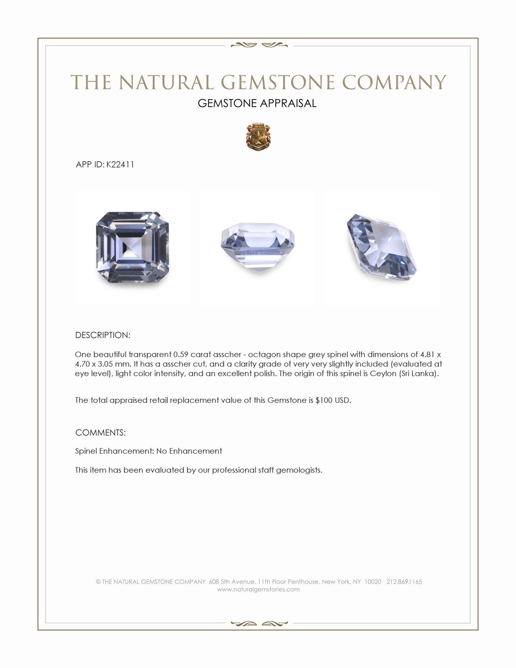 0.59 Ct. Grey Spinel from Ceylon (Sri Lanka)