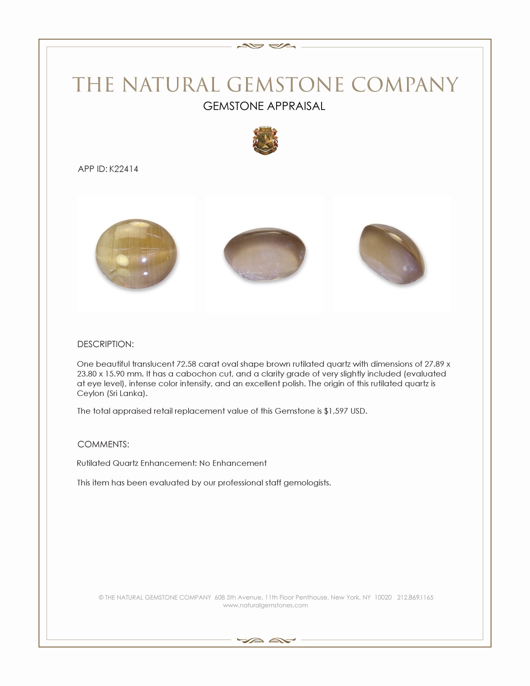 72.58 Ct. Brown Cabochon Rutilated Quartz from Ceylon (Sri Lanka)