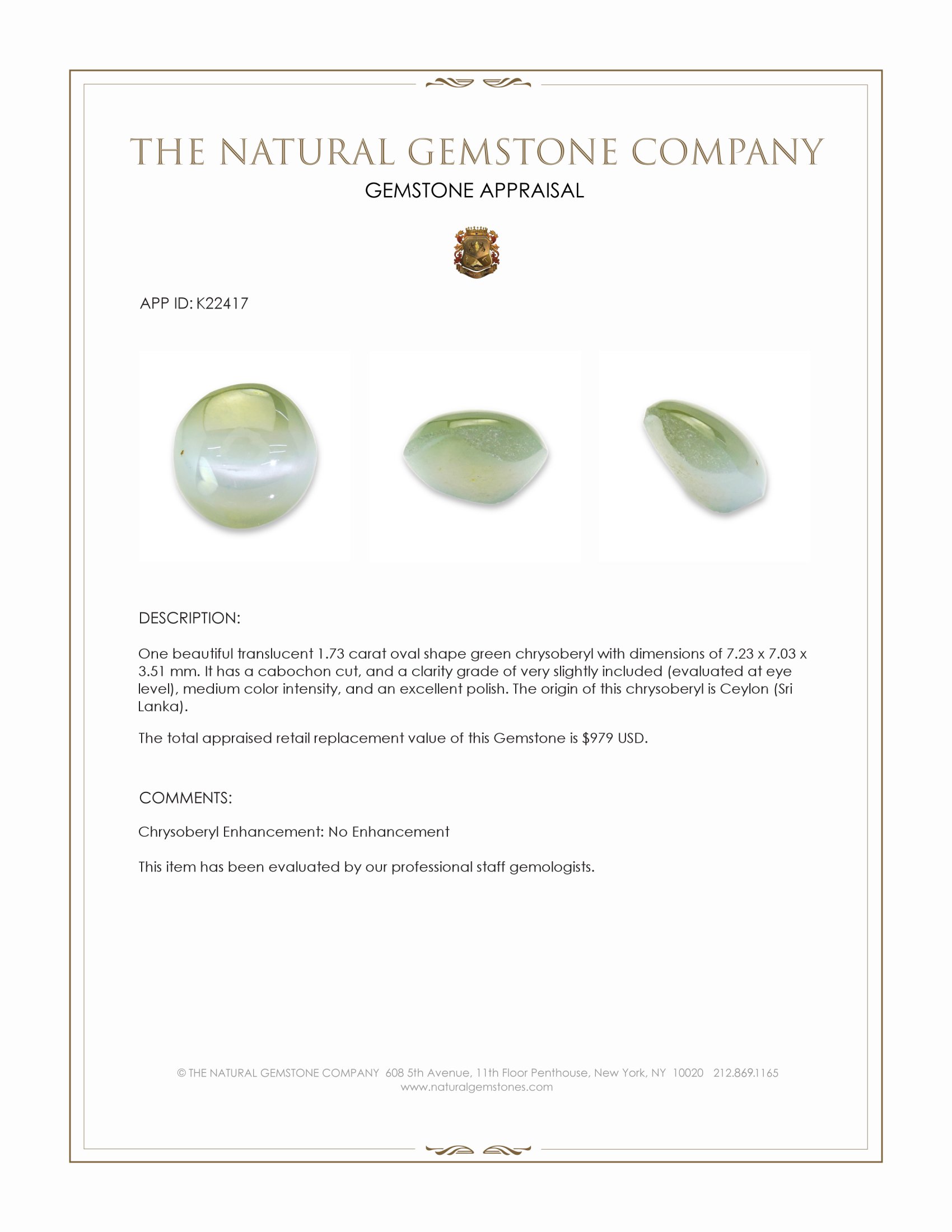 1.73 Ct. Green Cabochon Chrysoberyl from Ceylon (Sri Lanka)