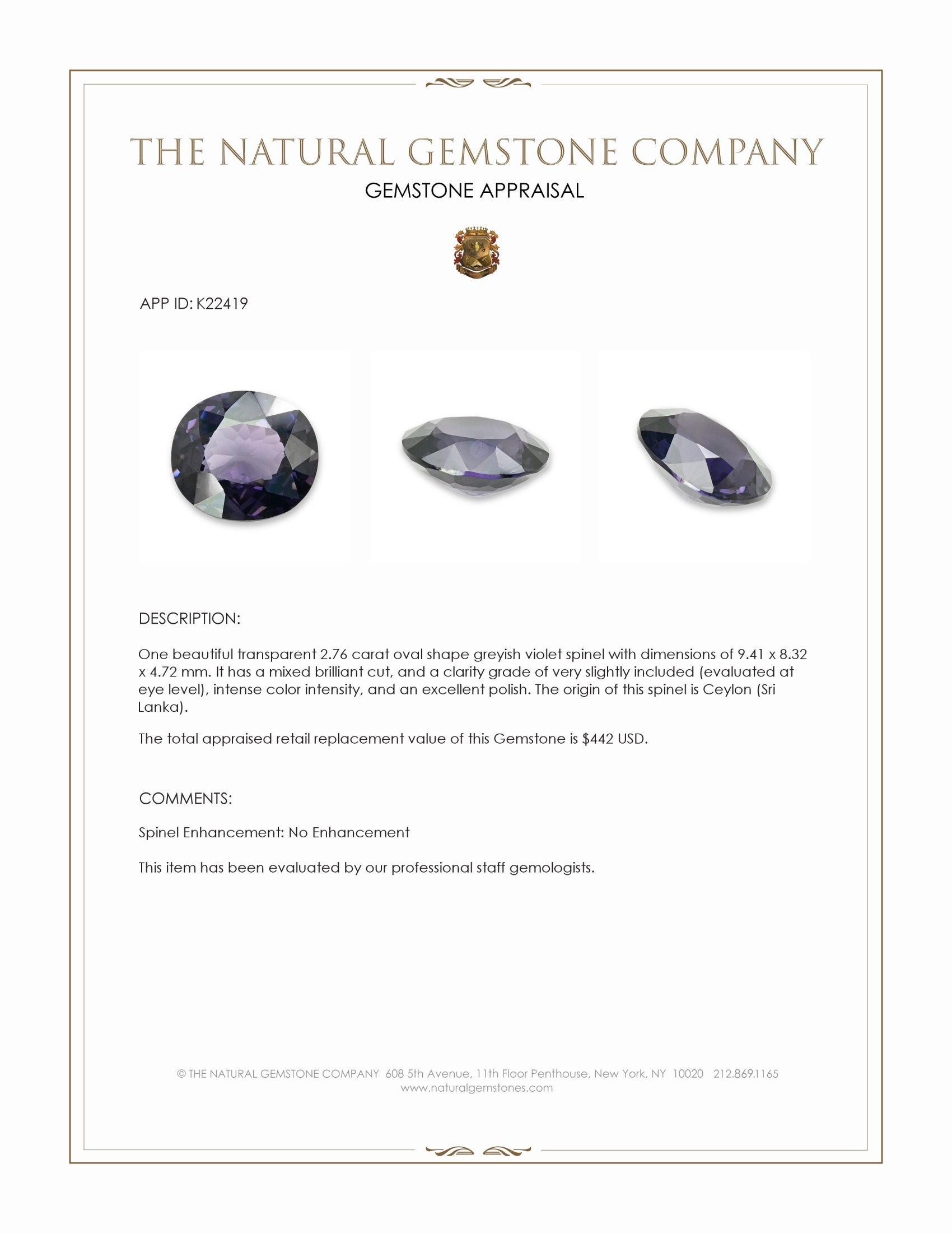 2.76 Ct. Greyish Violet Spinel from Ceylon (Sri Lanka)
