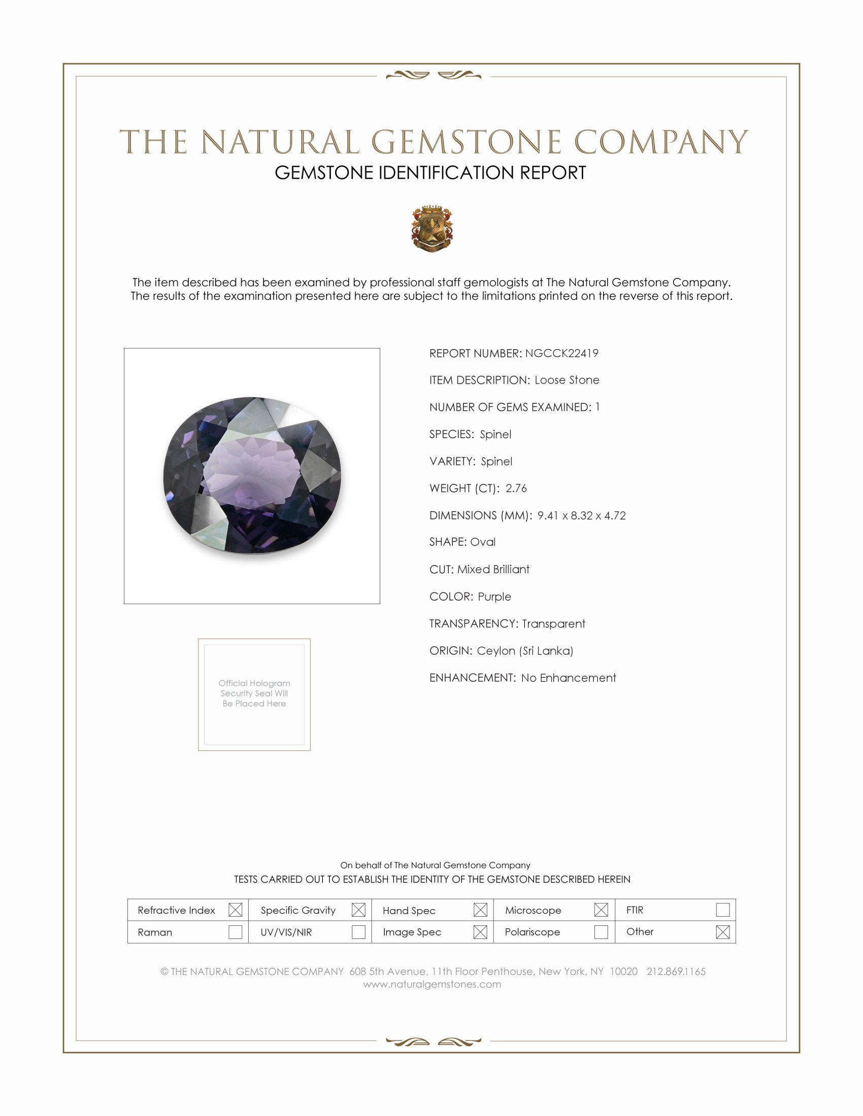 2.76 Ct. Purple Spinel from Ceylon (Sri Lanka)