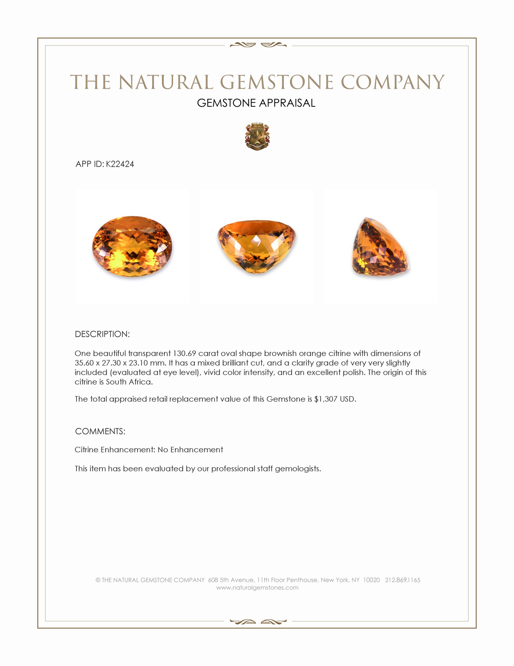 130.69 Ct. Citrine from South Africa