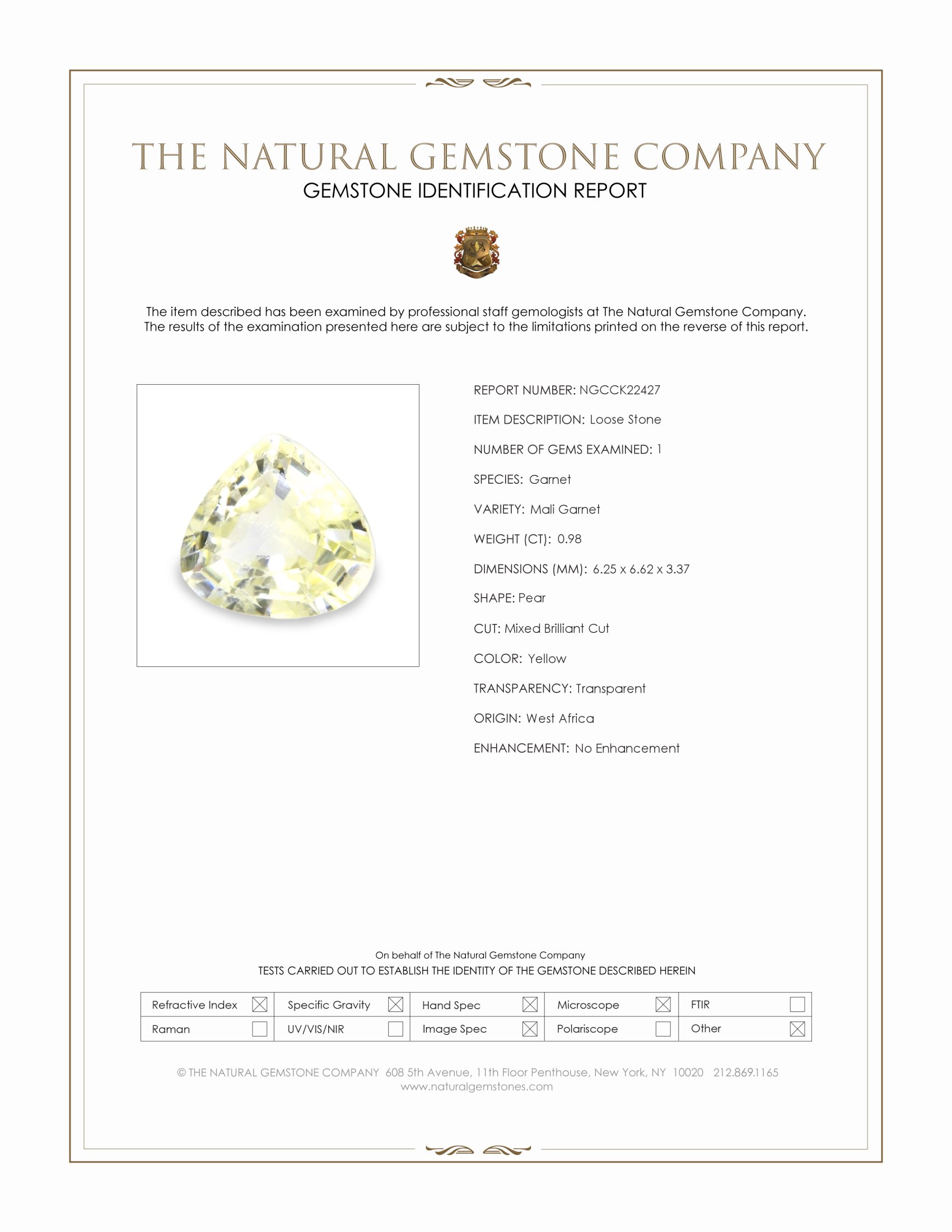 0.98 Ct. Yellow Mali Garnet from West Africa