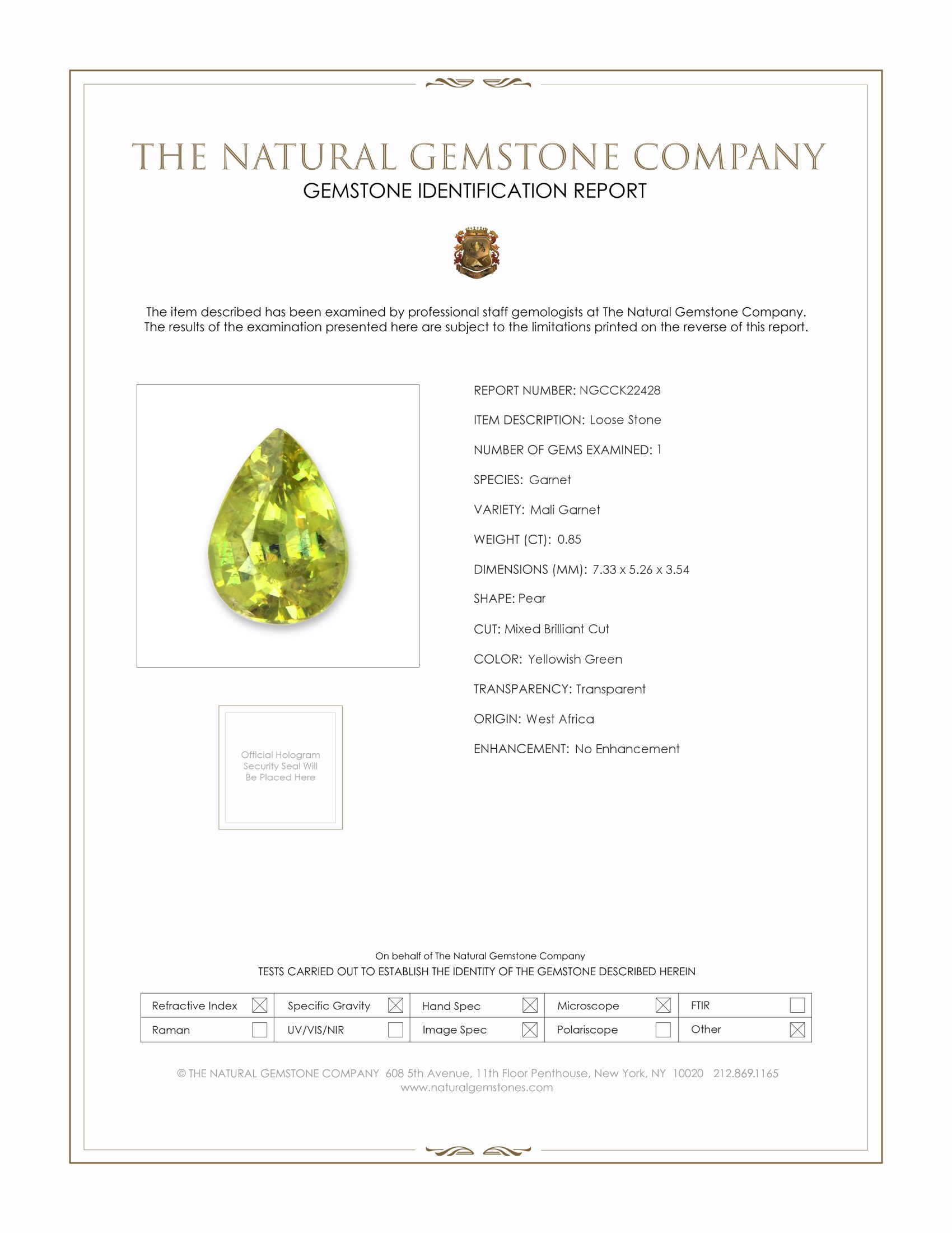 0.85 Ct. Yellowish Green Mali Garnet from West Africa