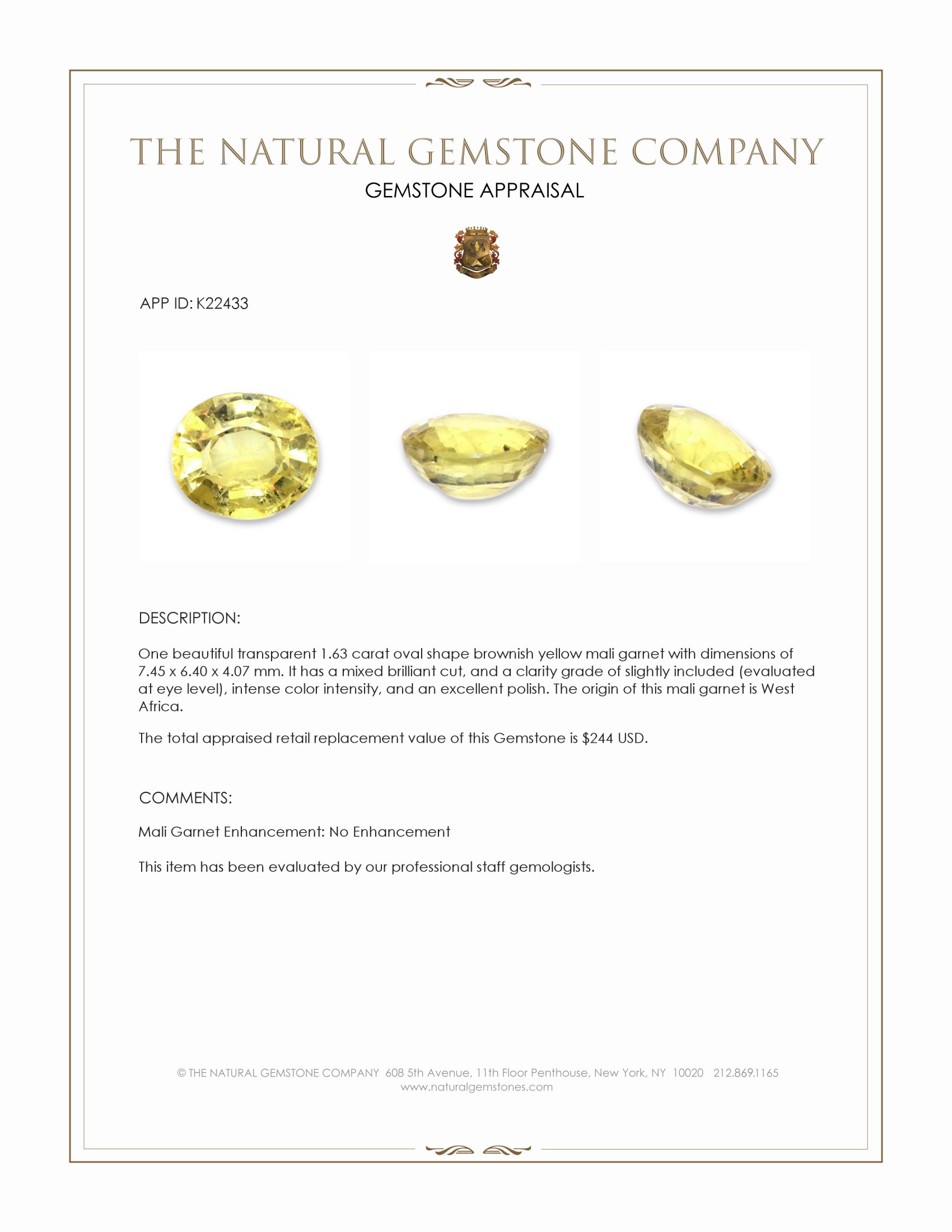 1.63 Ct. Mali Garnet from West Africa