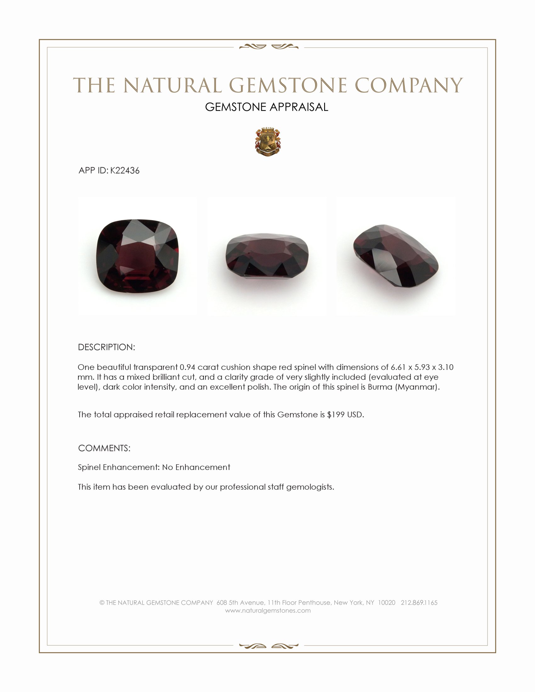 0.94 Ct. Red Spinel from Burma (Myanmar)