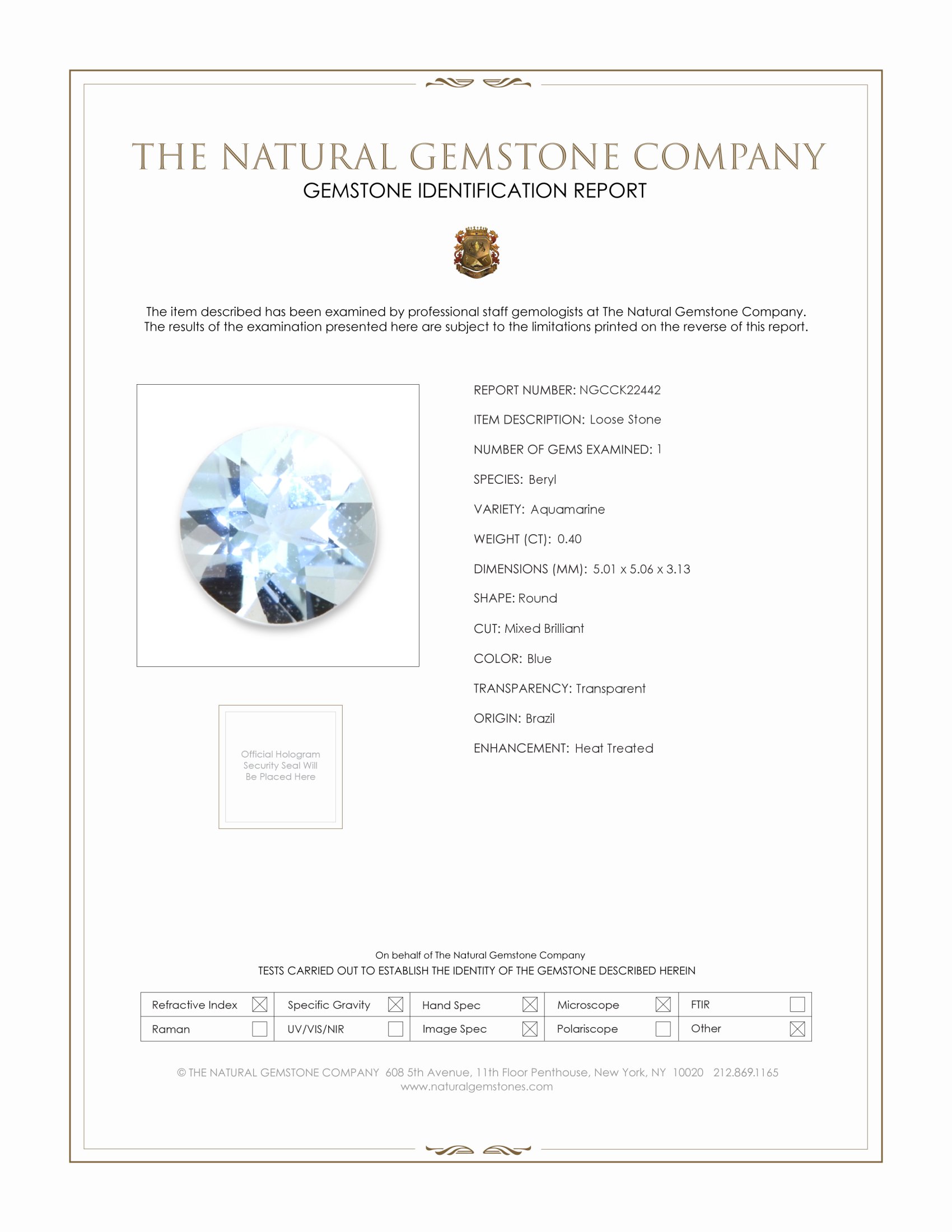 0.40 Ct. Blue Aquamarine from Brazil