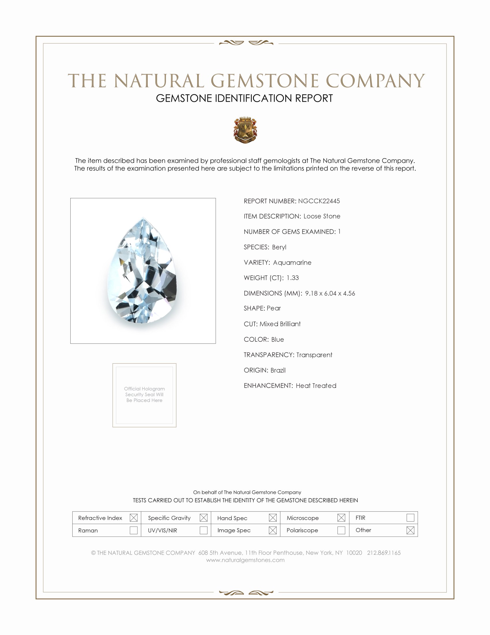 1.33 Ct. Blue Aquamarine from Brazil