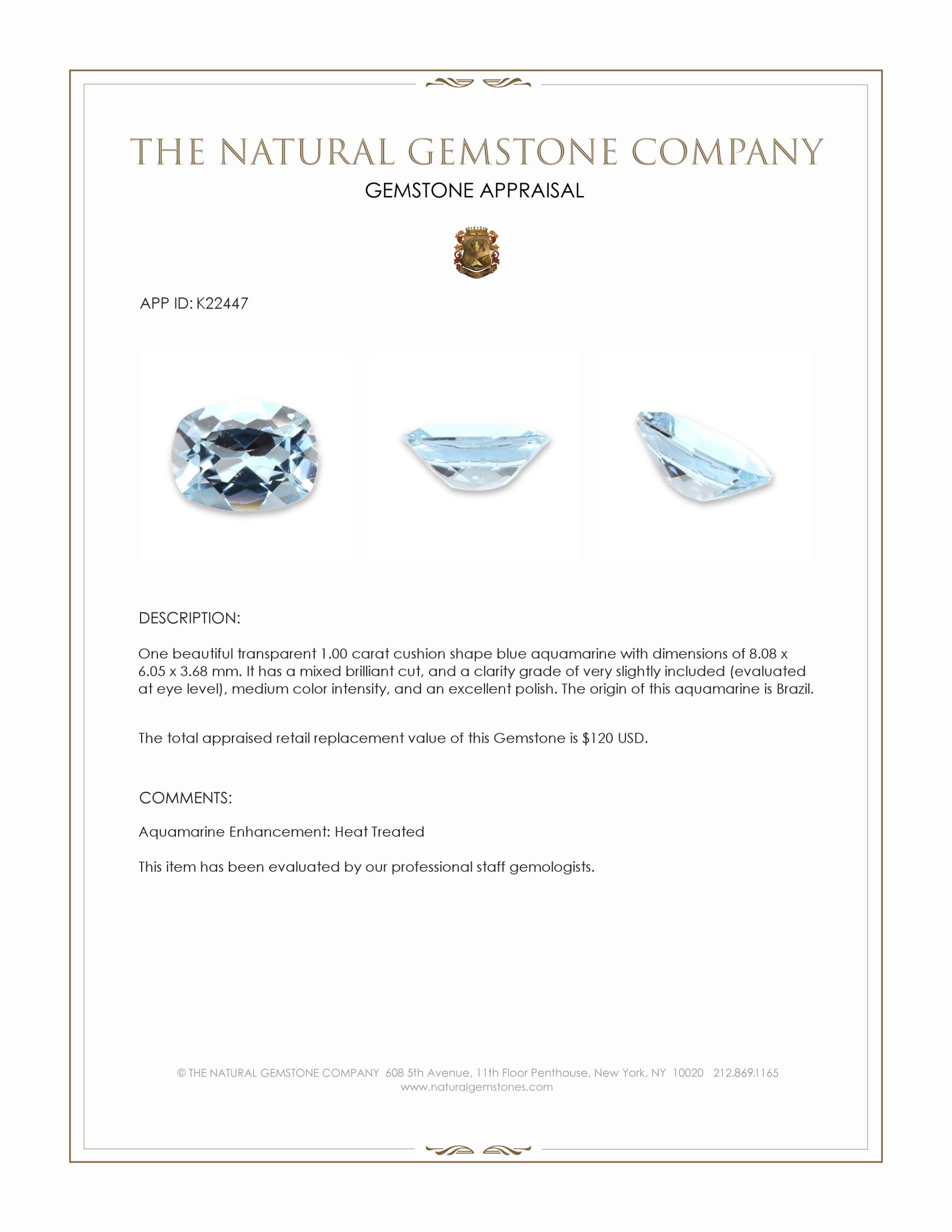 1.00 Ct. Aquamarine from Brazil