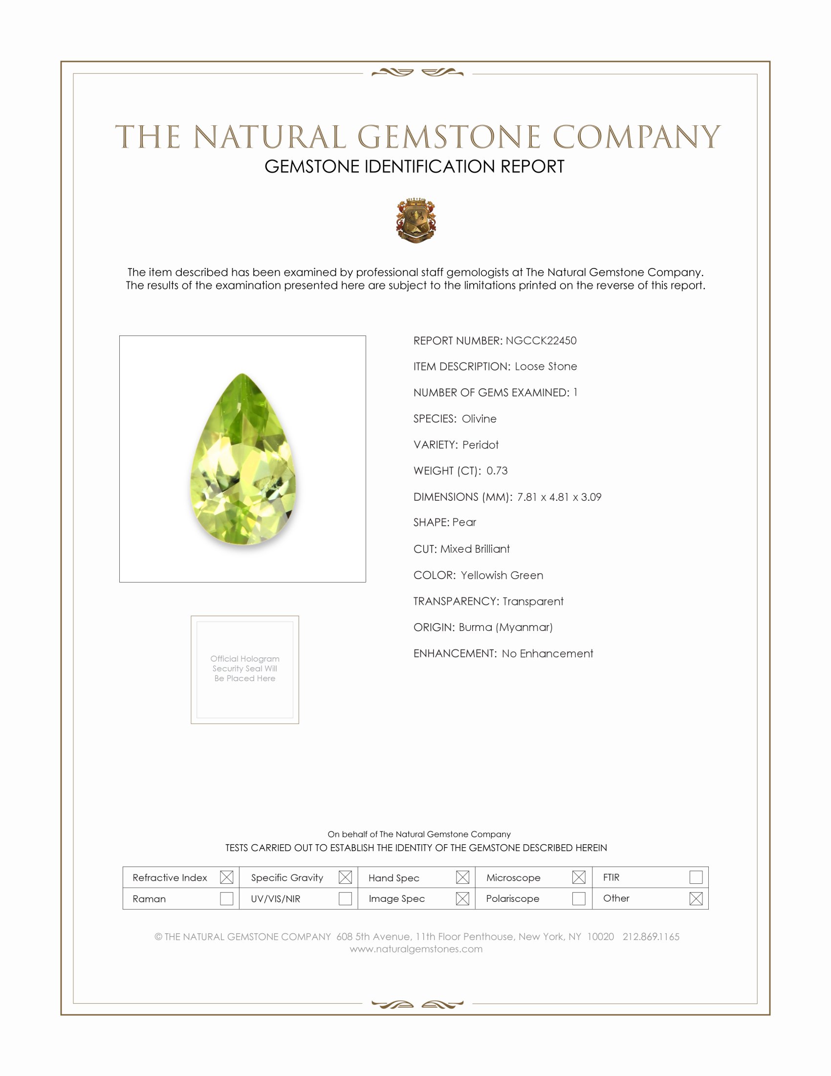 0.73 Ct. Yellowish Green Peridot from Burma (Myanmar)