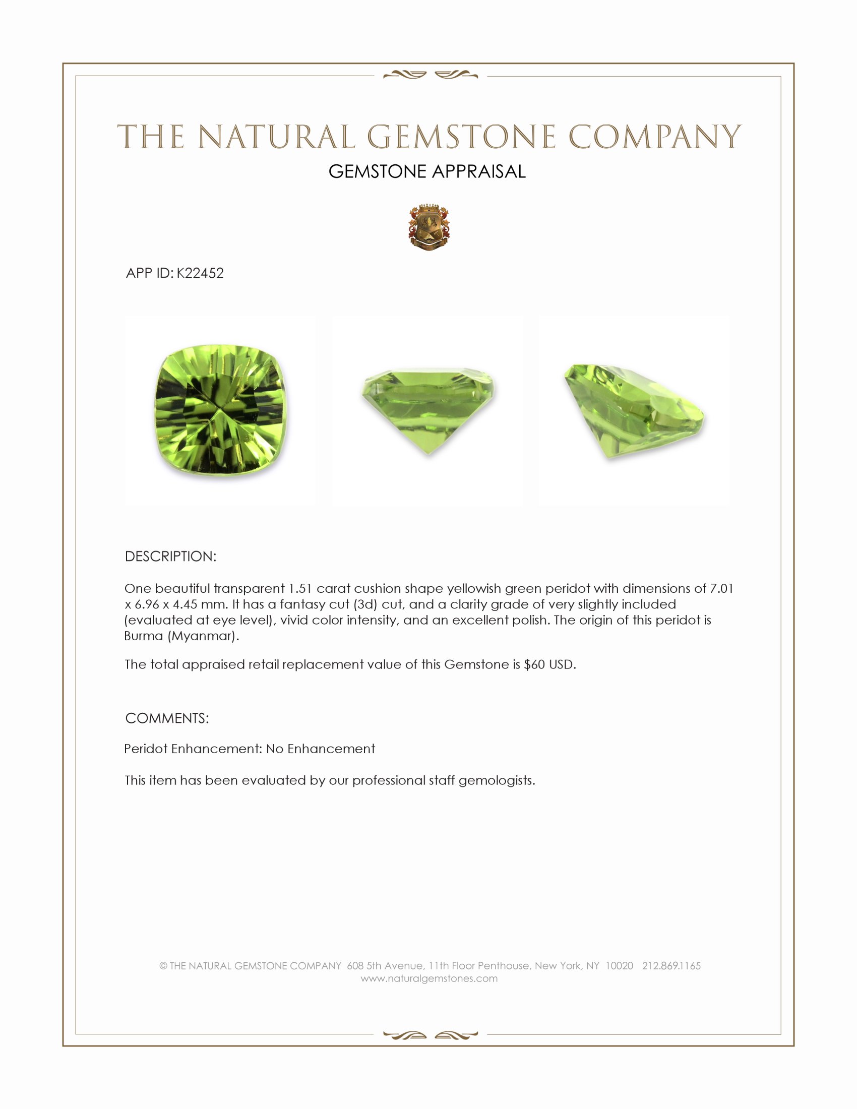 1.51 Ct. Yellowish Green Peridot from Burma (Myanmar)