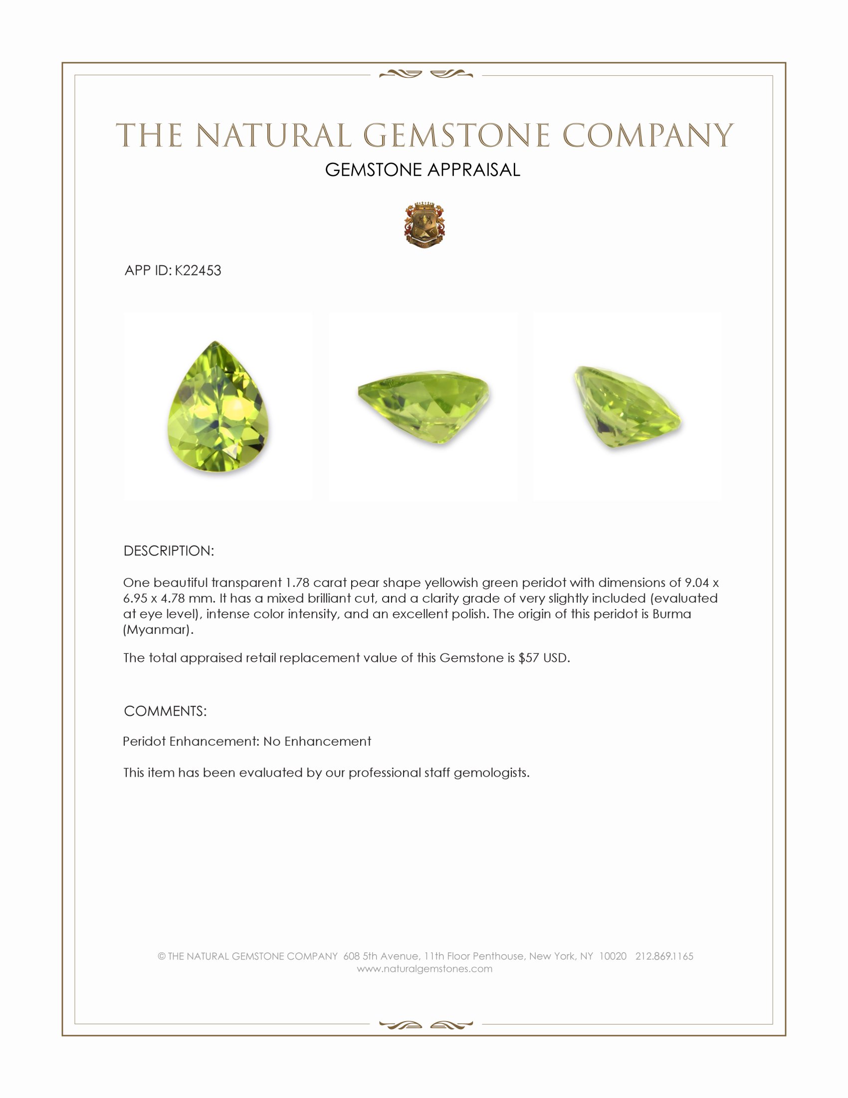 1.78 Ct. Yellowish Green Peridot from Burma (Myanmar)