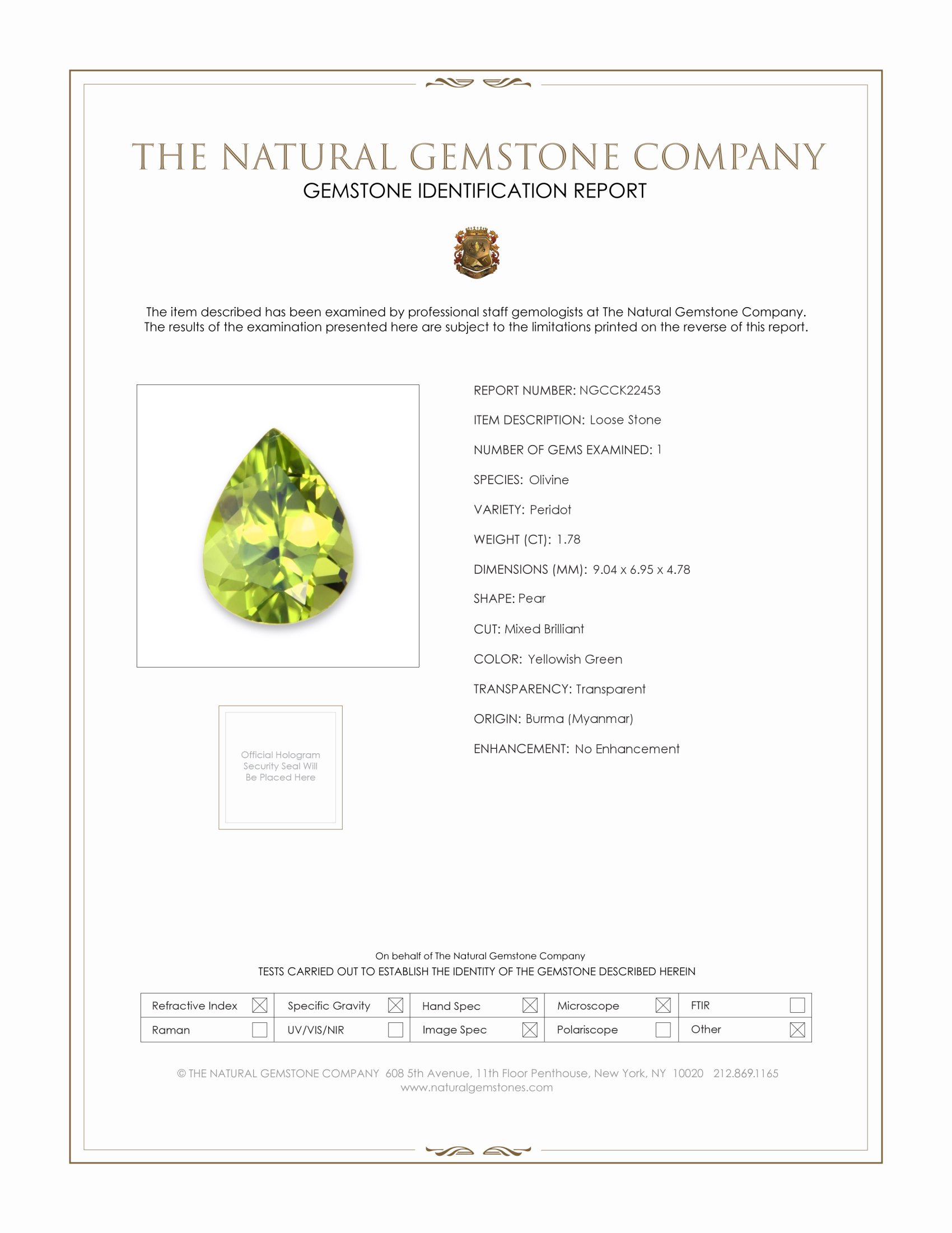 1.78 Ct. Yellowish Green Peridot from Burma (Myanmar)