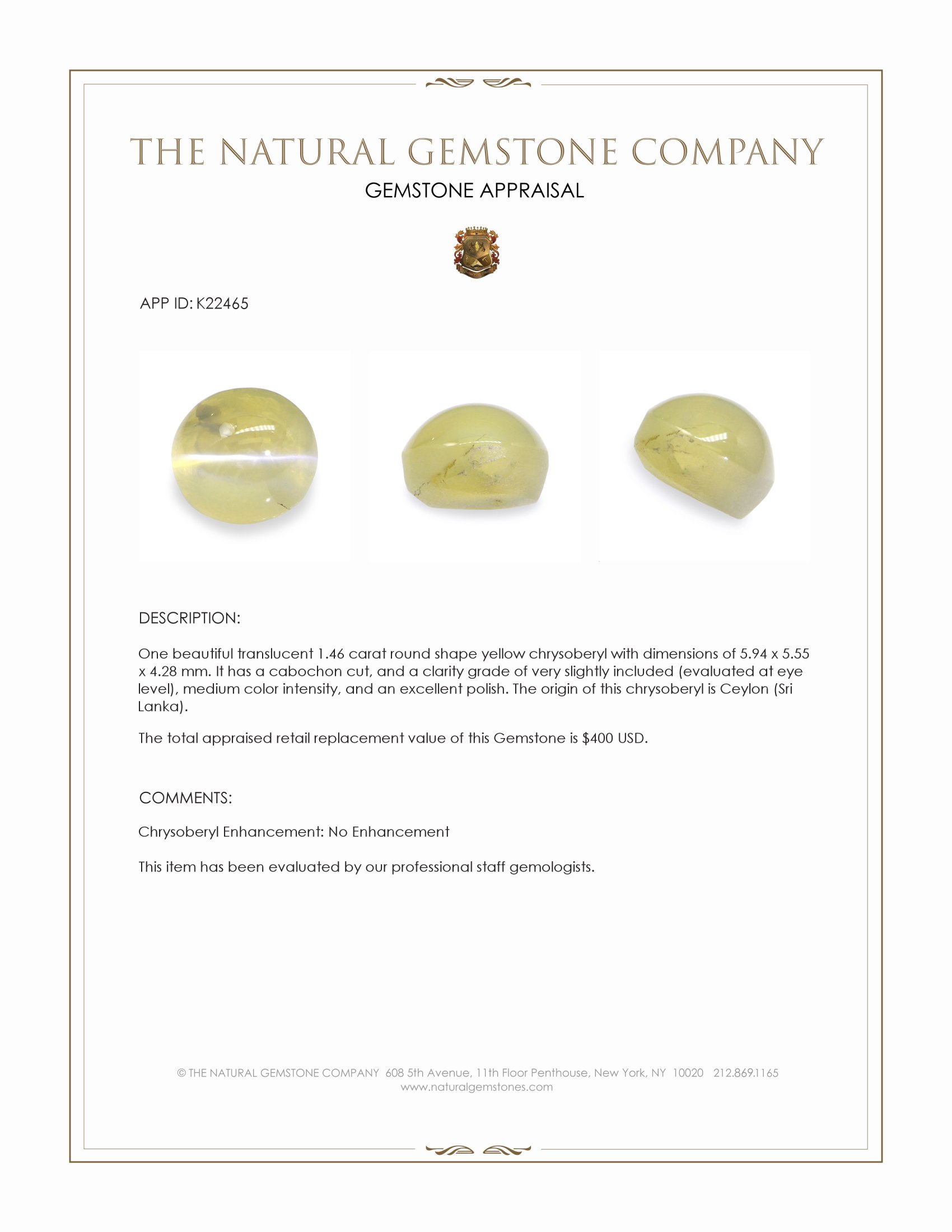 1.46 Ct. Yellow Cabochon Chrysoberyl from Ceylon (Sri Lanka)