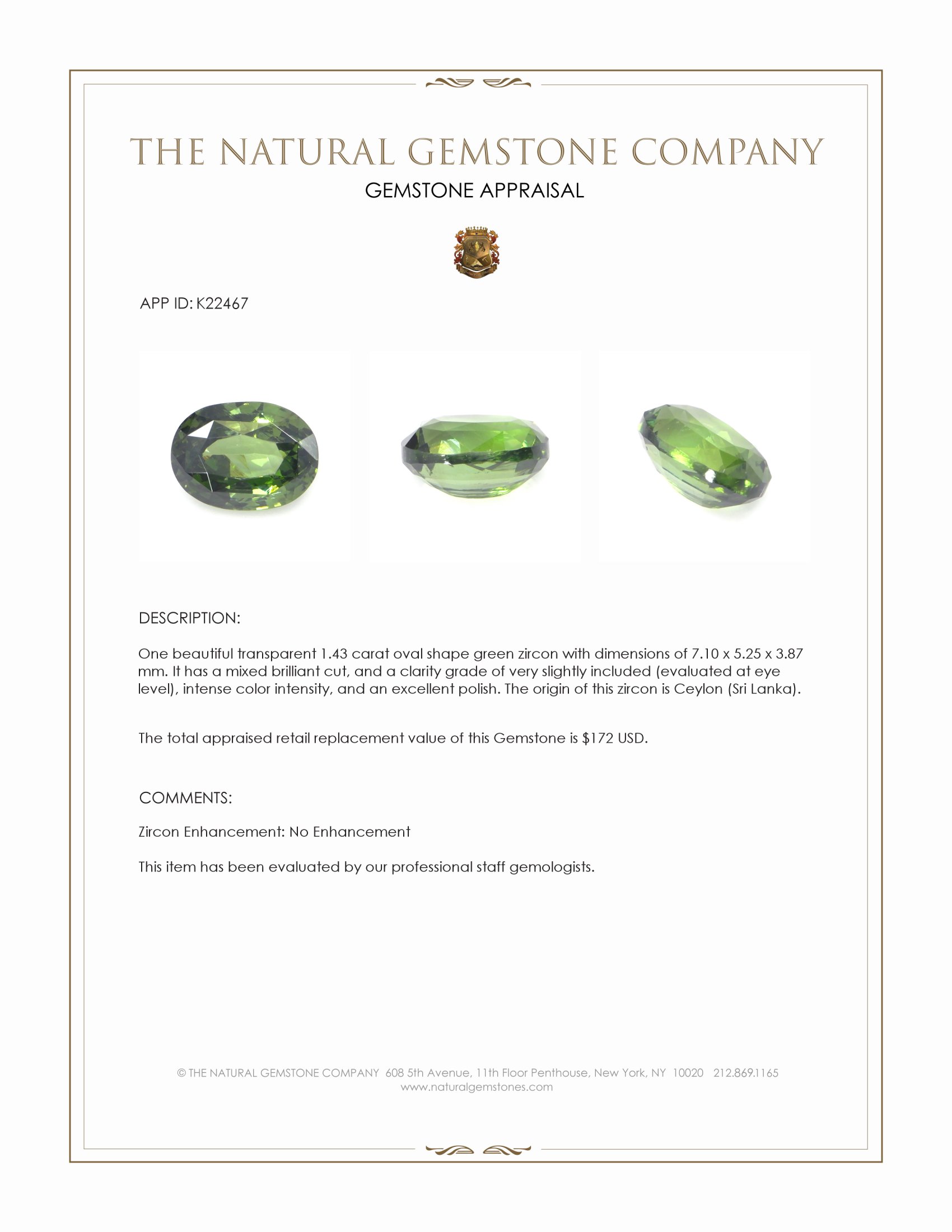 1.43 Ct. Green Zircon from Ceylon (Sri Lanka)