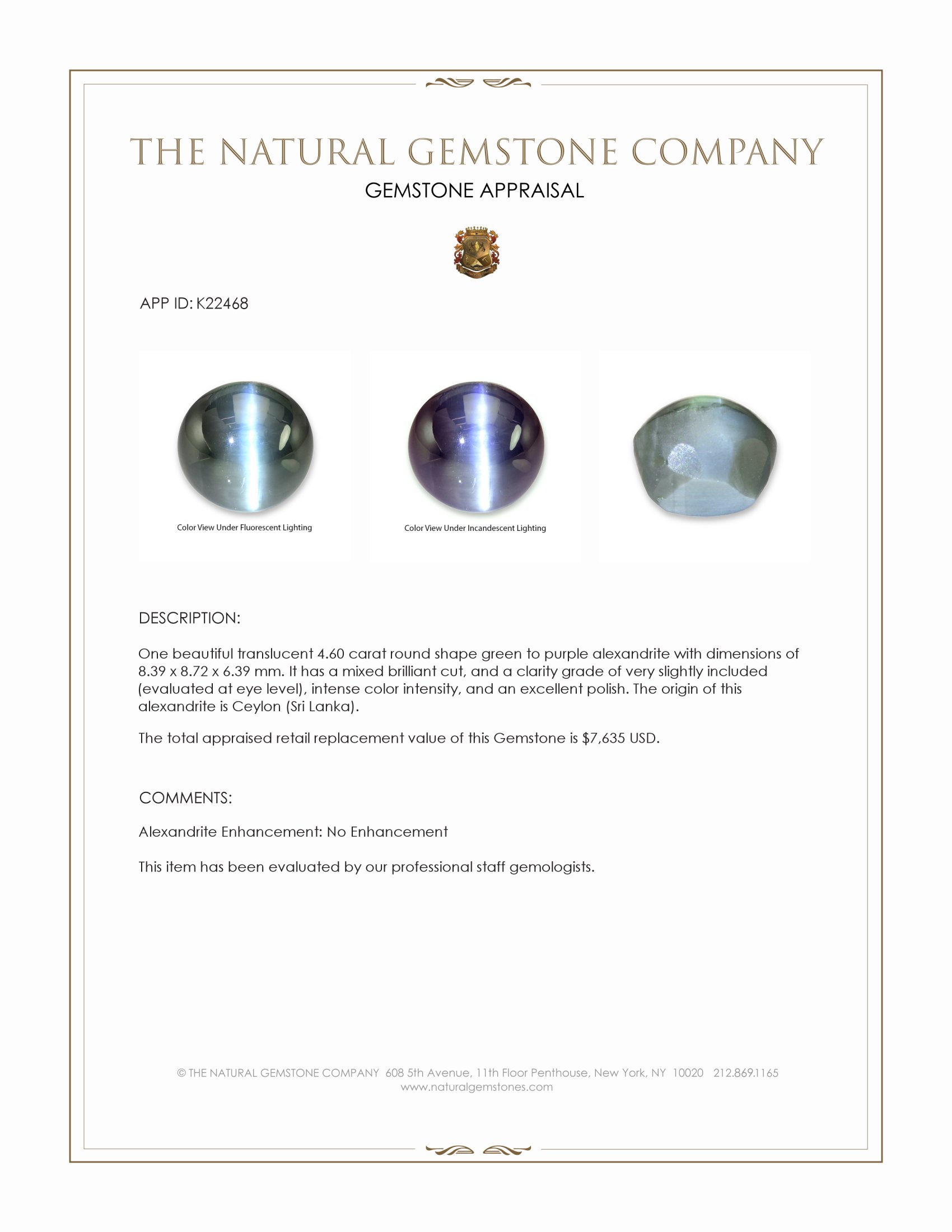 4.60 Ct. Alexandrite from Ceylon (Sri Lanka)