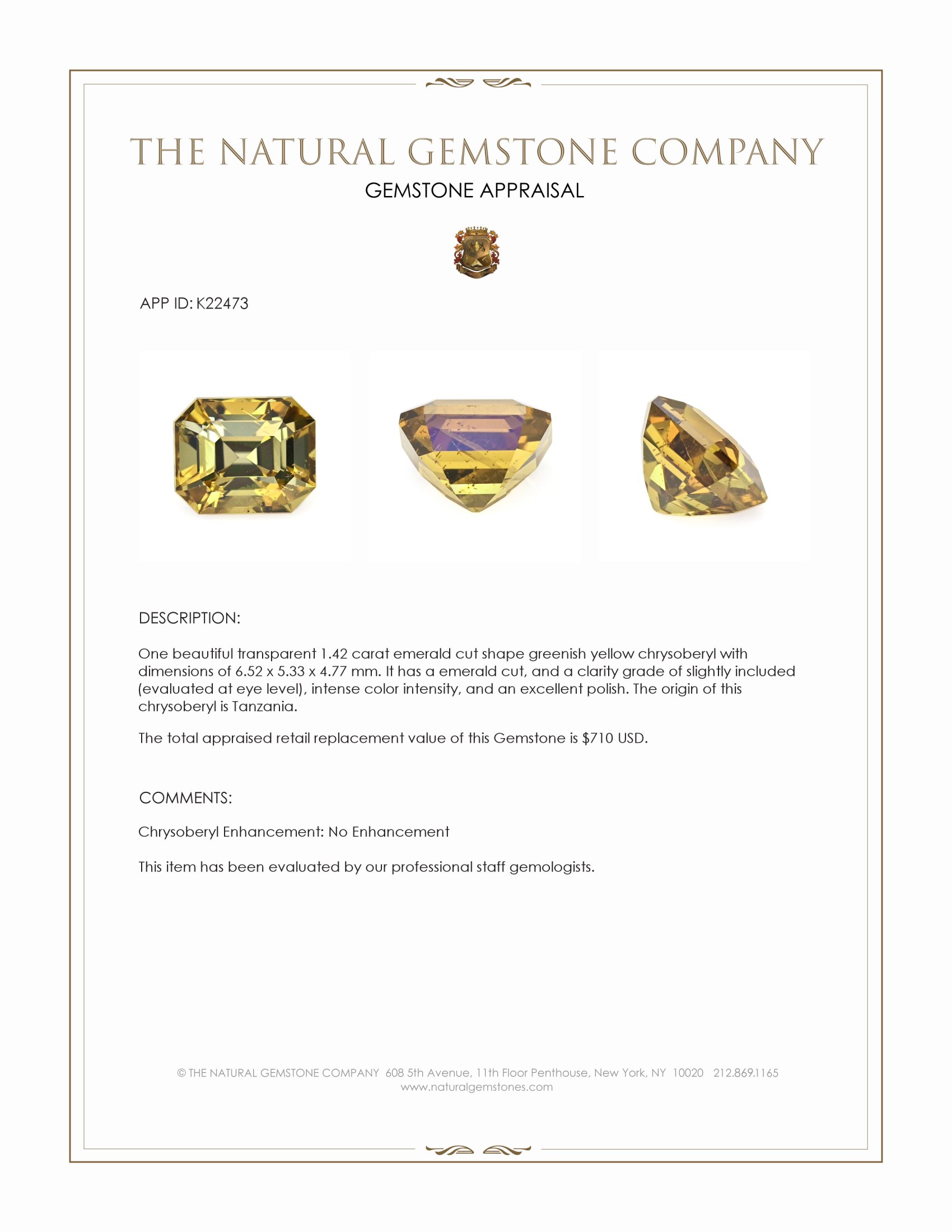 1.42 Ct. Greenish Yellow Chrysoberyl from Tanzania