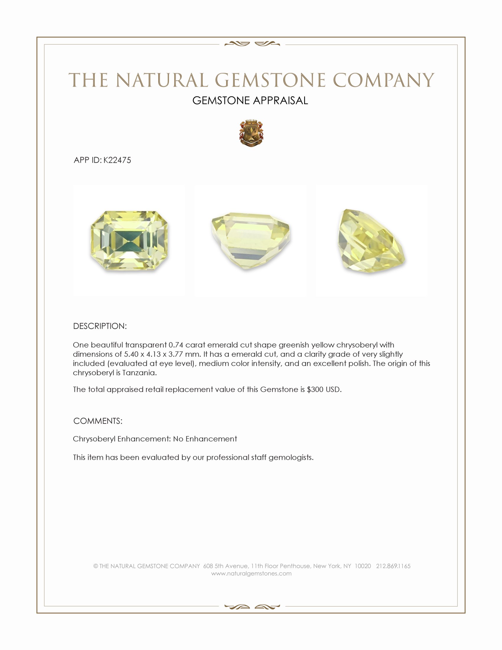 0.74 Ct. Greenish Yellow Chrysoberyl from Tanzania