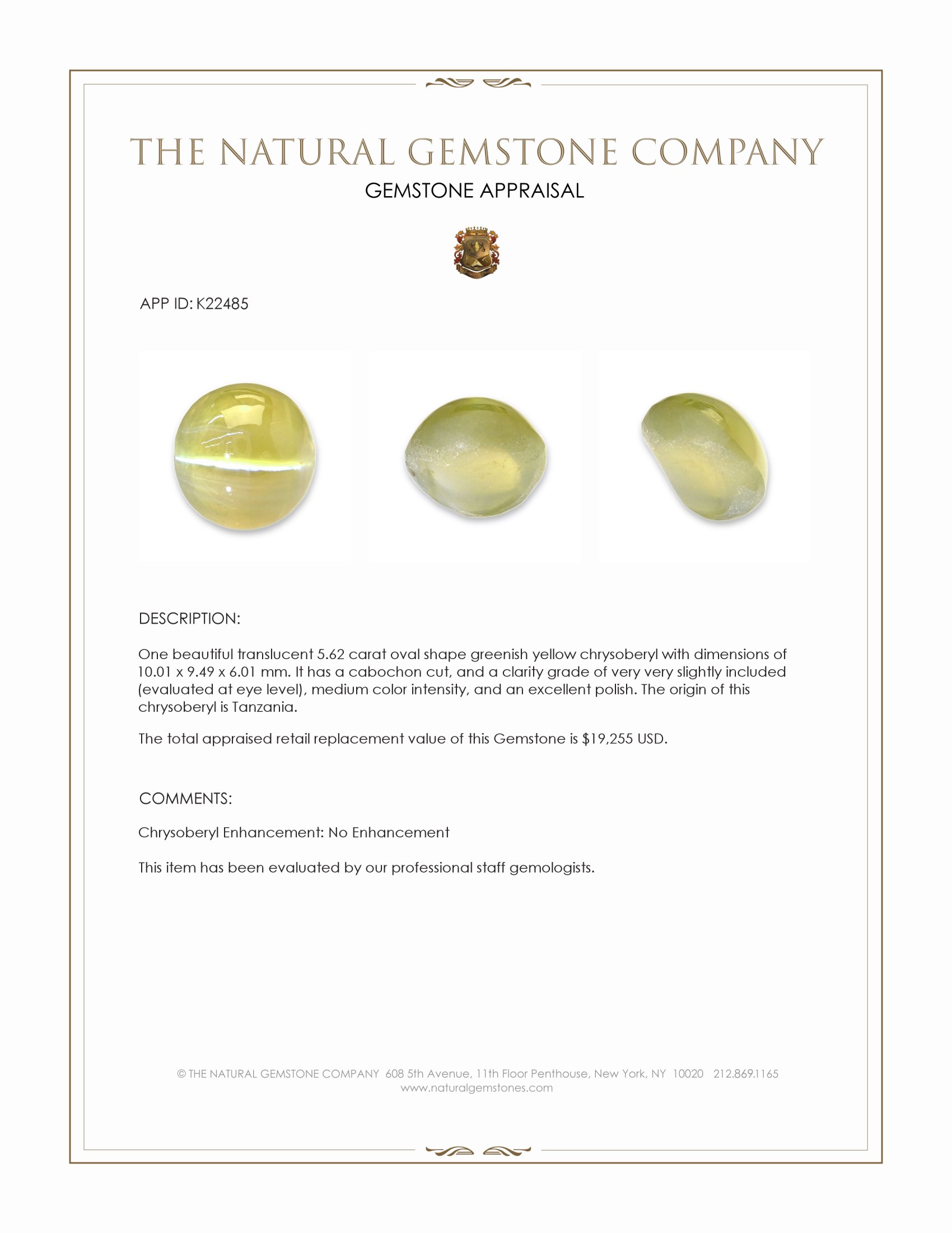 5.62 Ct. Cabochon Chrysoberyl from Tanzania