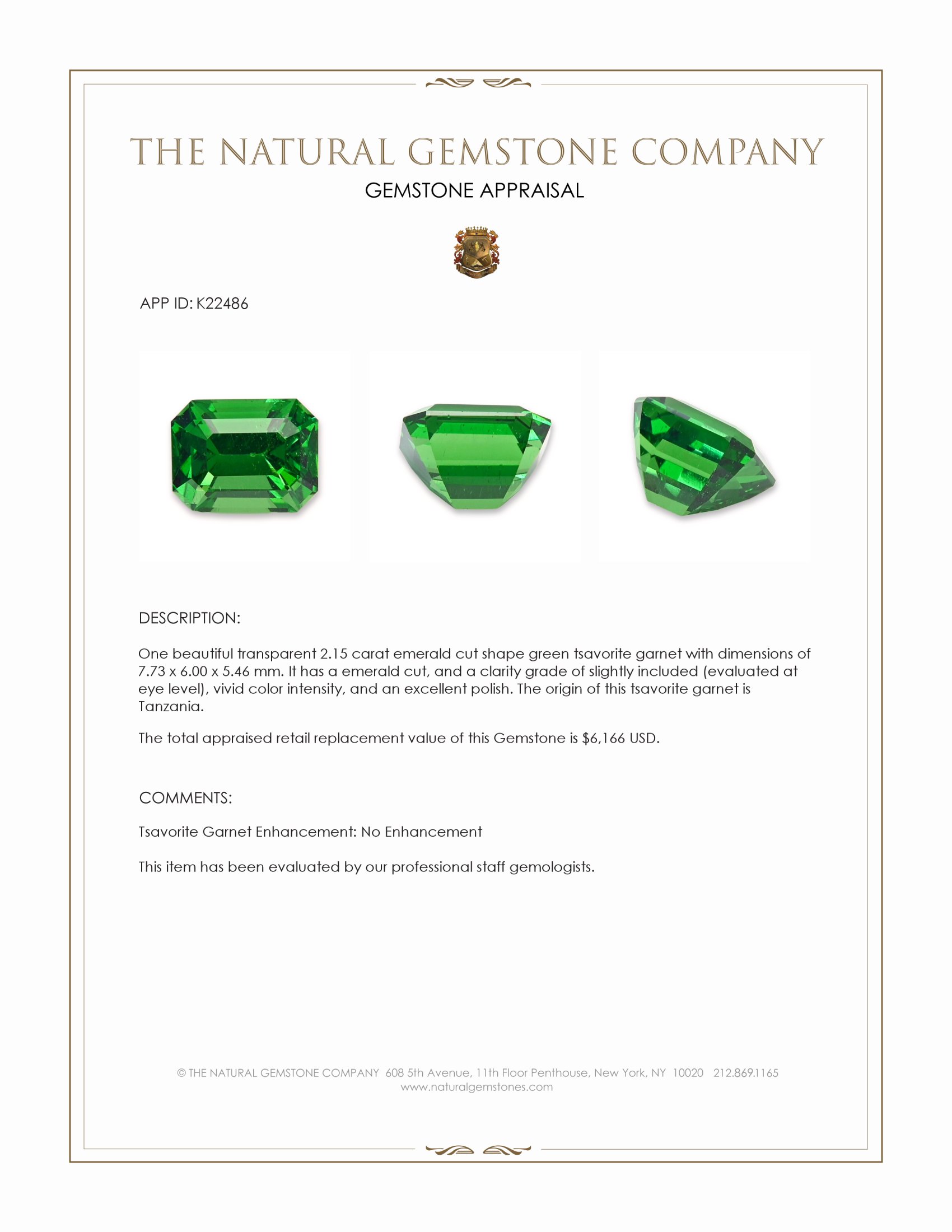 2.15 Ct. Tsavorite Garnet from Tanzania
