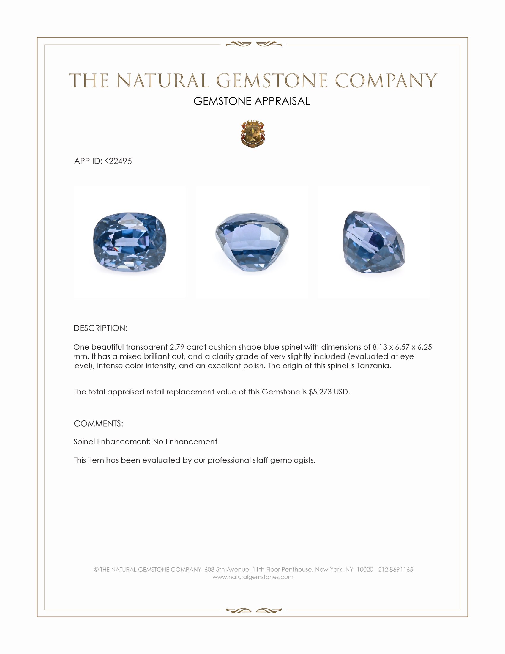 2.79 Ct. Blue Spinel from Tanzania